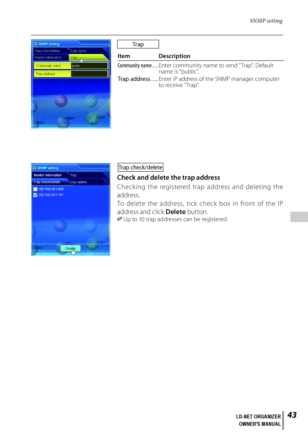 Sanyo POA-LN02 Check and delete the trap address, Trap, Item Description, Up to 10 trap addresses can be registered 