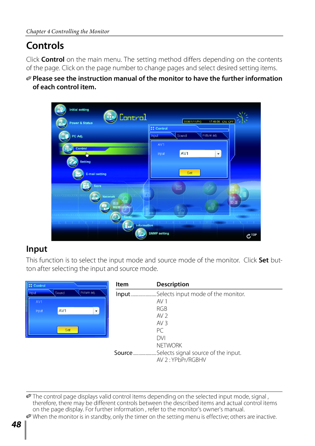 Sanyo POA-LN02 Controls, Input, Selects input mode of the monitor, Selects signal source of the input, AV 2 YPbPr/RGBHV 