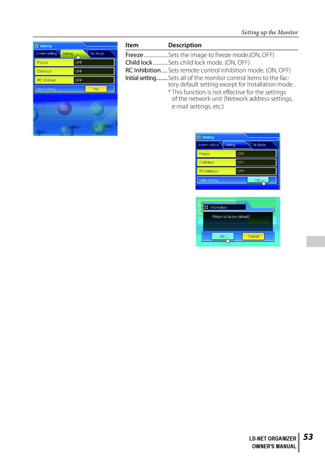 Sanyo POA-LN02 owner manual Sets the image to freeze mode.ON, OFF, Sets child lock mode. ON, OFF, Mail settings, etc 