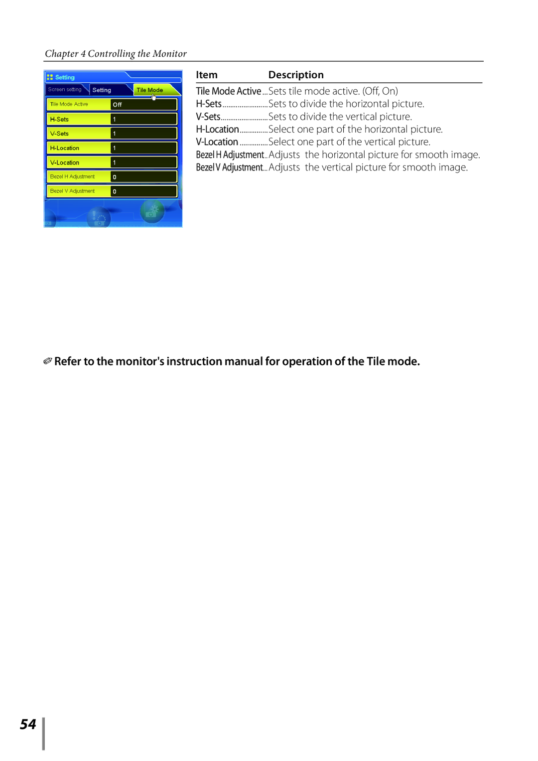 Sanyo POA-LN02 Sets tile mode active. Off, On, Sets to divide the horizontal picture, Sets to divide the vertical picture 