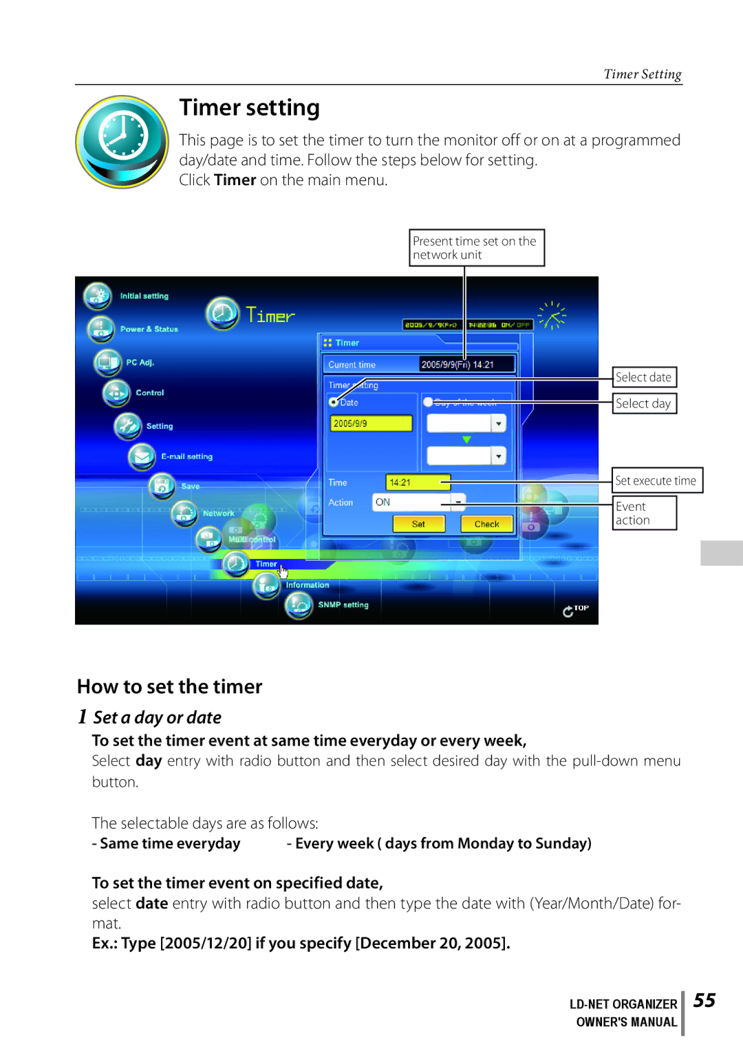 Sanyo POA-LN02 owner manual Timer setting, How to set the timer, Set a day or date 