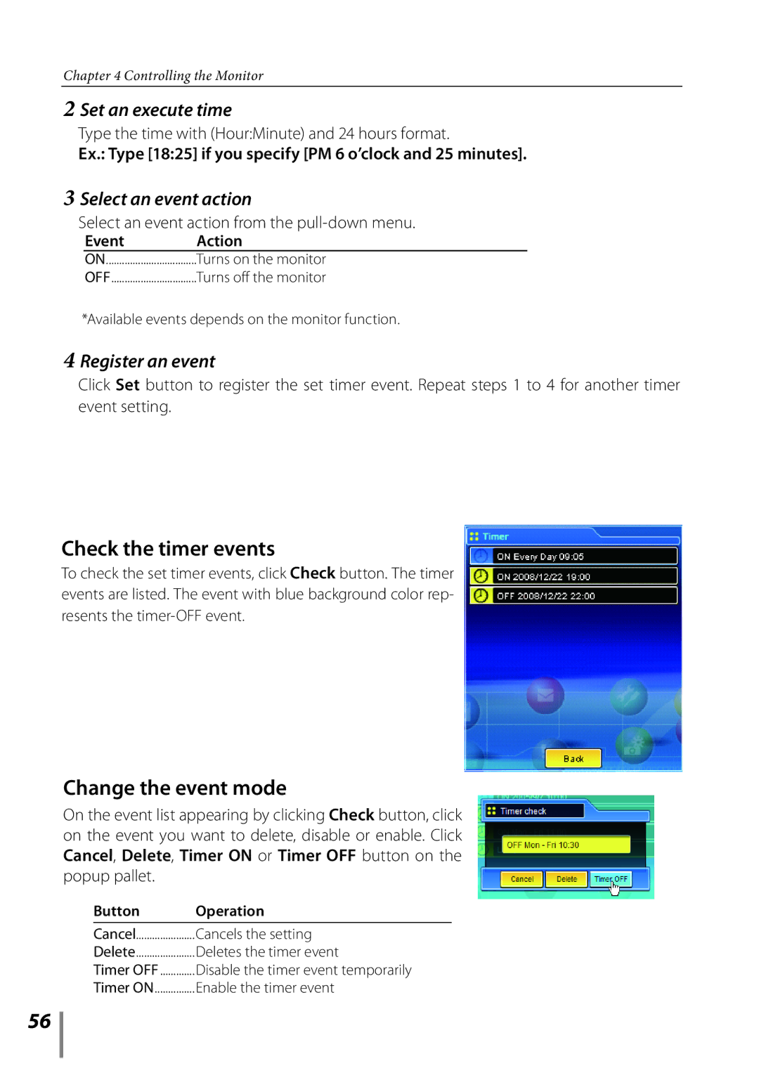 Sanyo POA-LN02 owner manual Check the timer events, Change the event mode, Set an execute time, Select an event action 