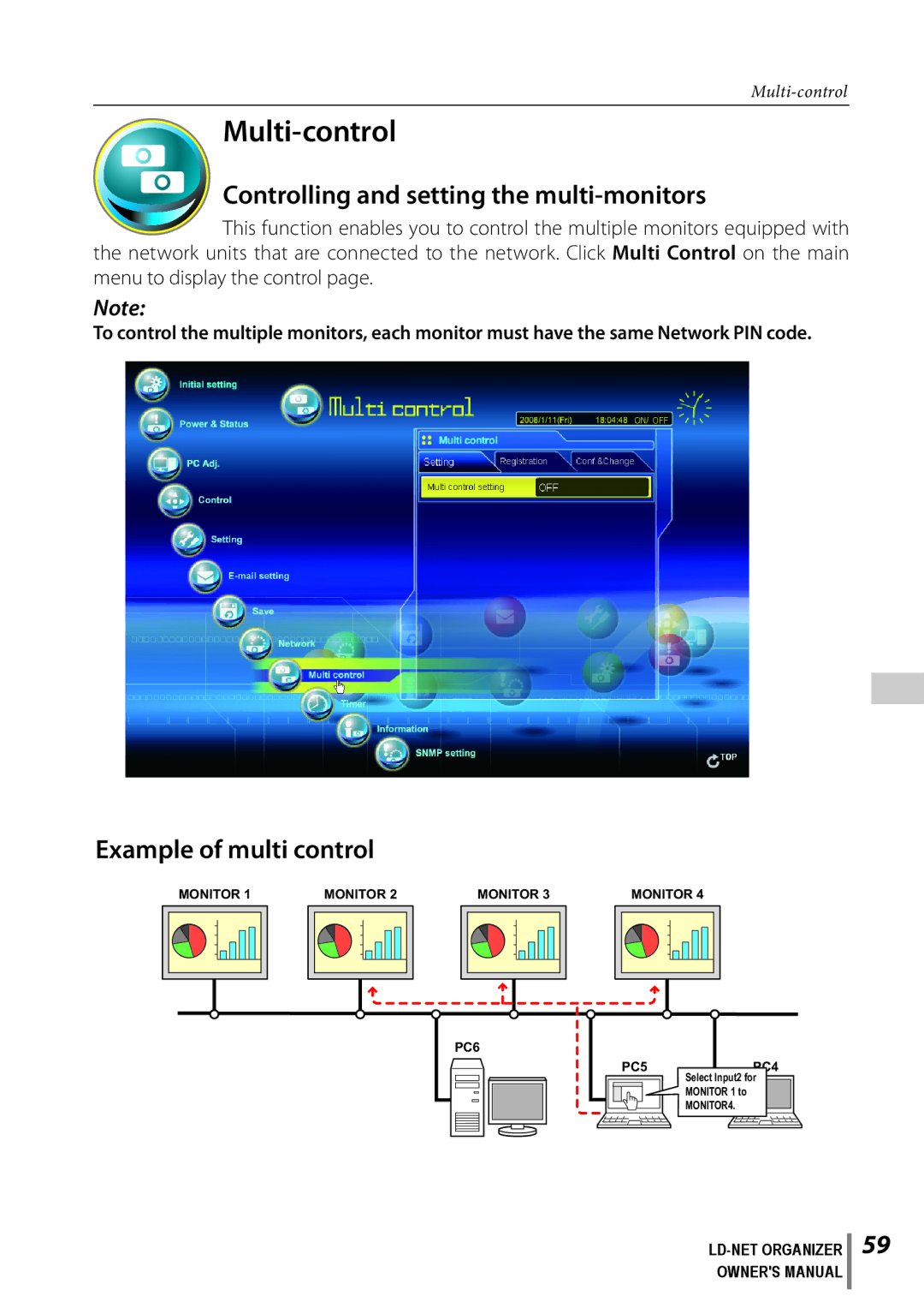 Sanyo POA-LN02 owner manual Multi-control, Controlling and setting the multi-monitors, Example of multi control 