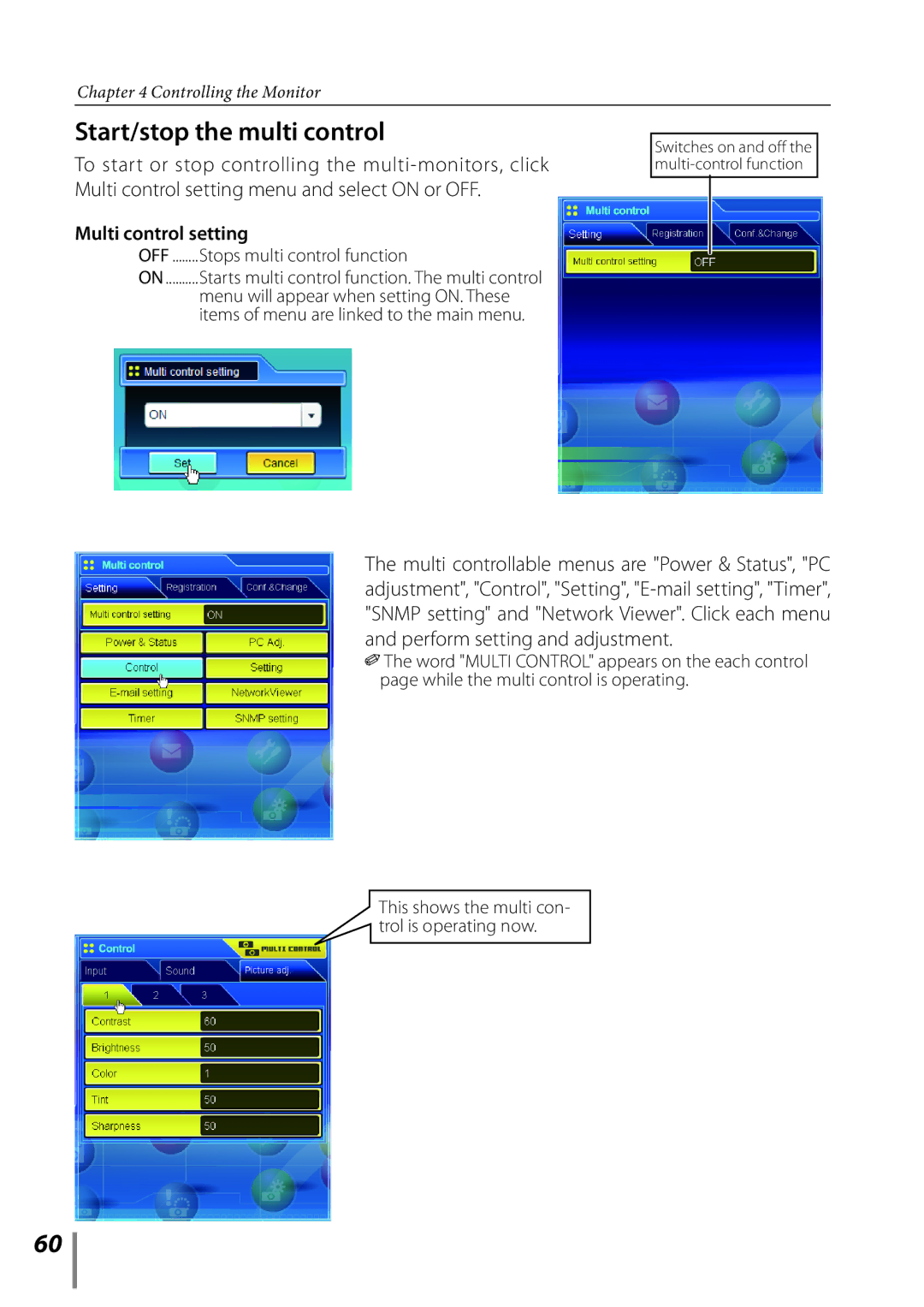 Sanyo POA-LN02 owner manual Start/stop the multi control, Multi control setting 