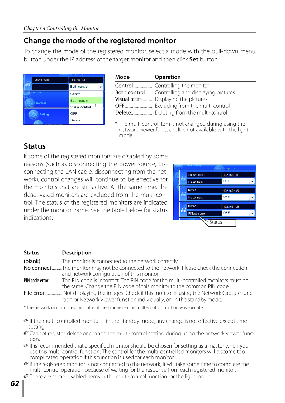 Sanyo POA-LN02 owner manual Change the mode of the registered monitor, Indications, Mode Operation, Status Description 