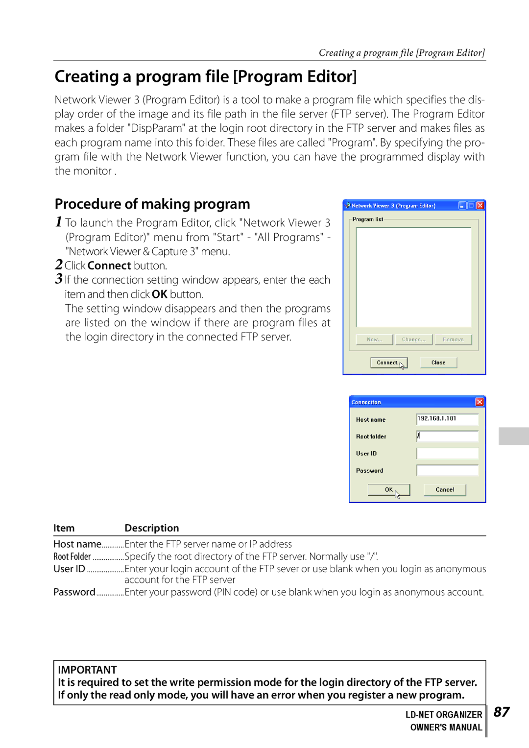 Sanyo POA-LN02 owner manual Creating a program file Program Editor, Procedure of making program, Account for the FTP server 