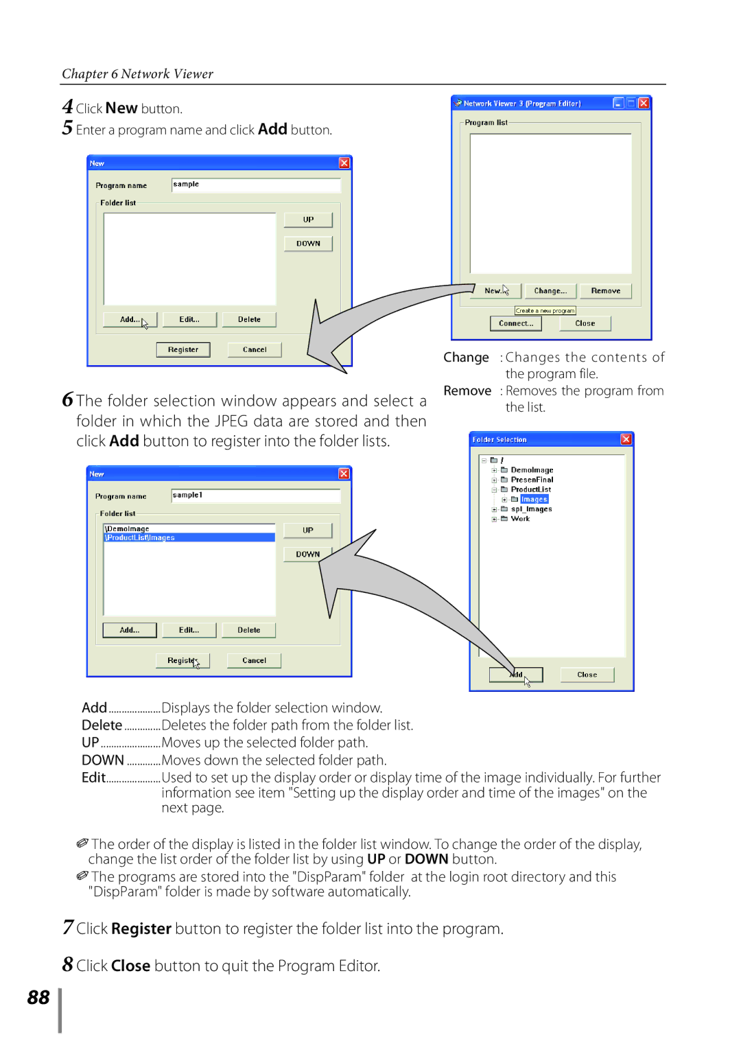 Sanyo POA-LN02 owner manual Displays the folder selection window, Deletes the folder path from the folder list, Next 