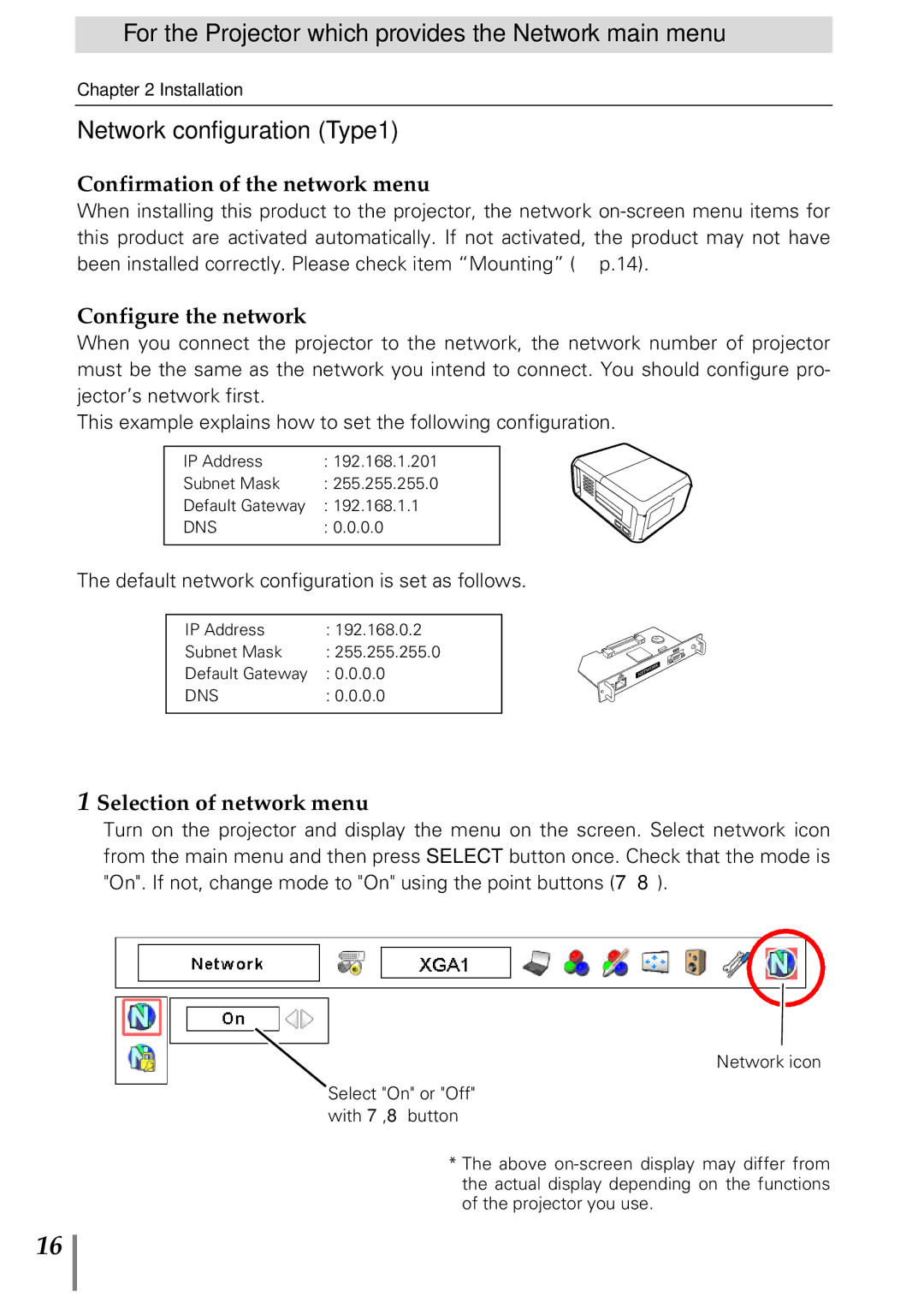 Sanyo POA-MD13NET2 owner manual Network configuration Type1, Confirmation of the network menu, Configure the network 