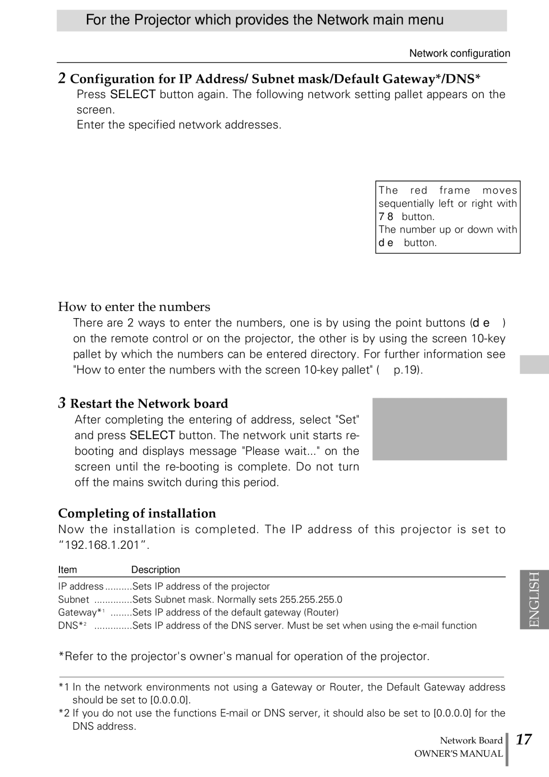 Sanyo POA-MD13NET2 owner manual How to enter the numbers, Restart the Network board, Completing of installation 