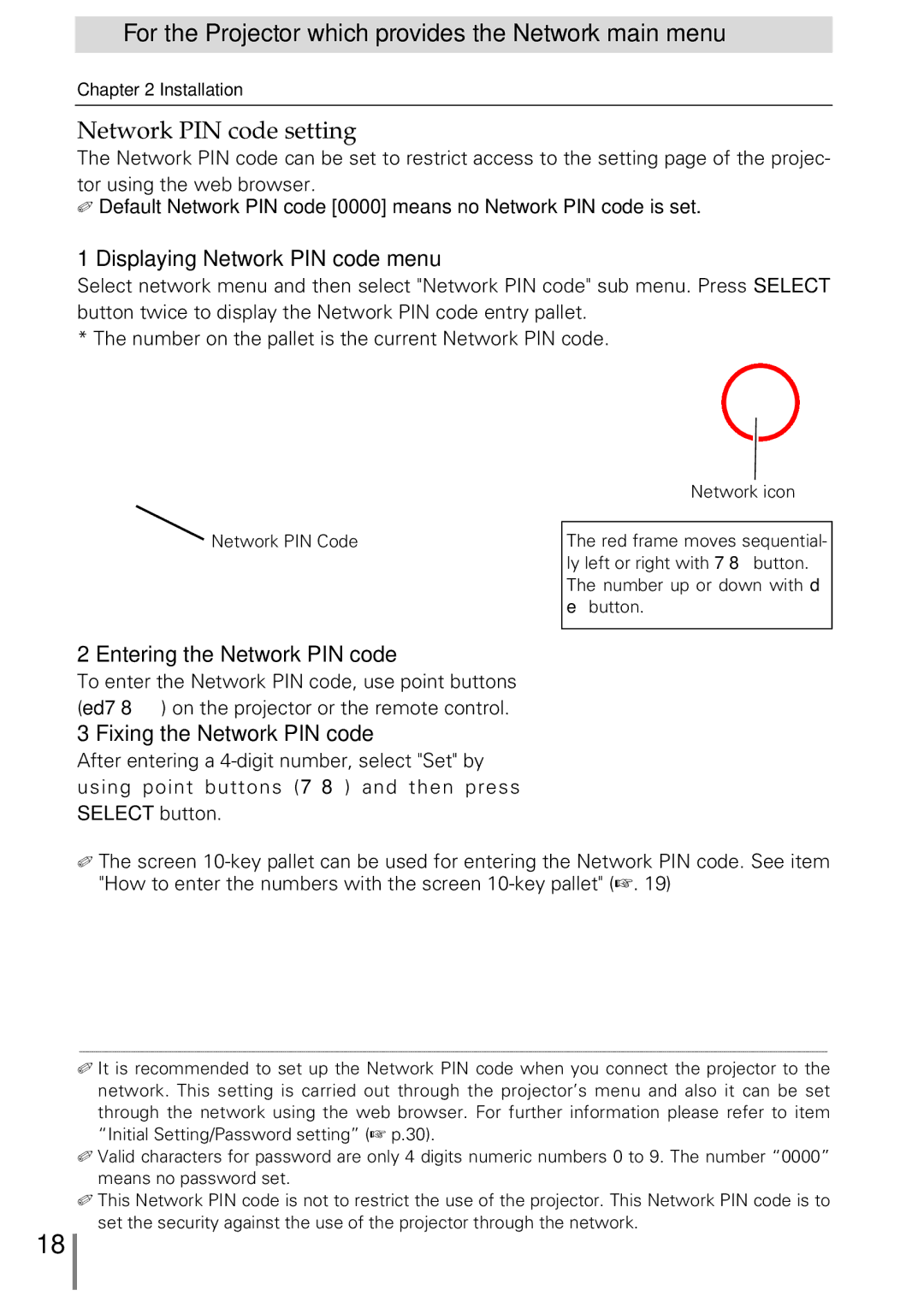 Sanyo POA-MD13NET2 owner manual Network PIN code setting, Displaying Network PIN code menu, Entering the Network PIN code 