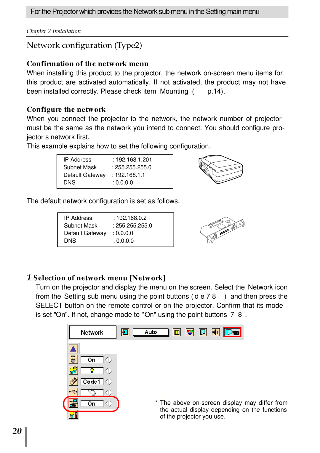 Sanyo POA-MD13NET2 owner manual Network configuration Type2, Selection of network menu Network 