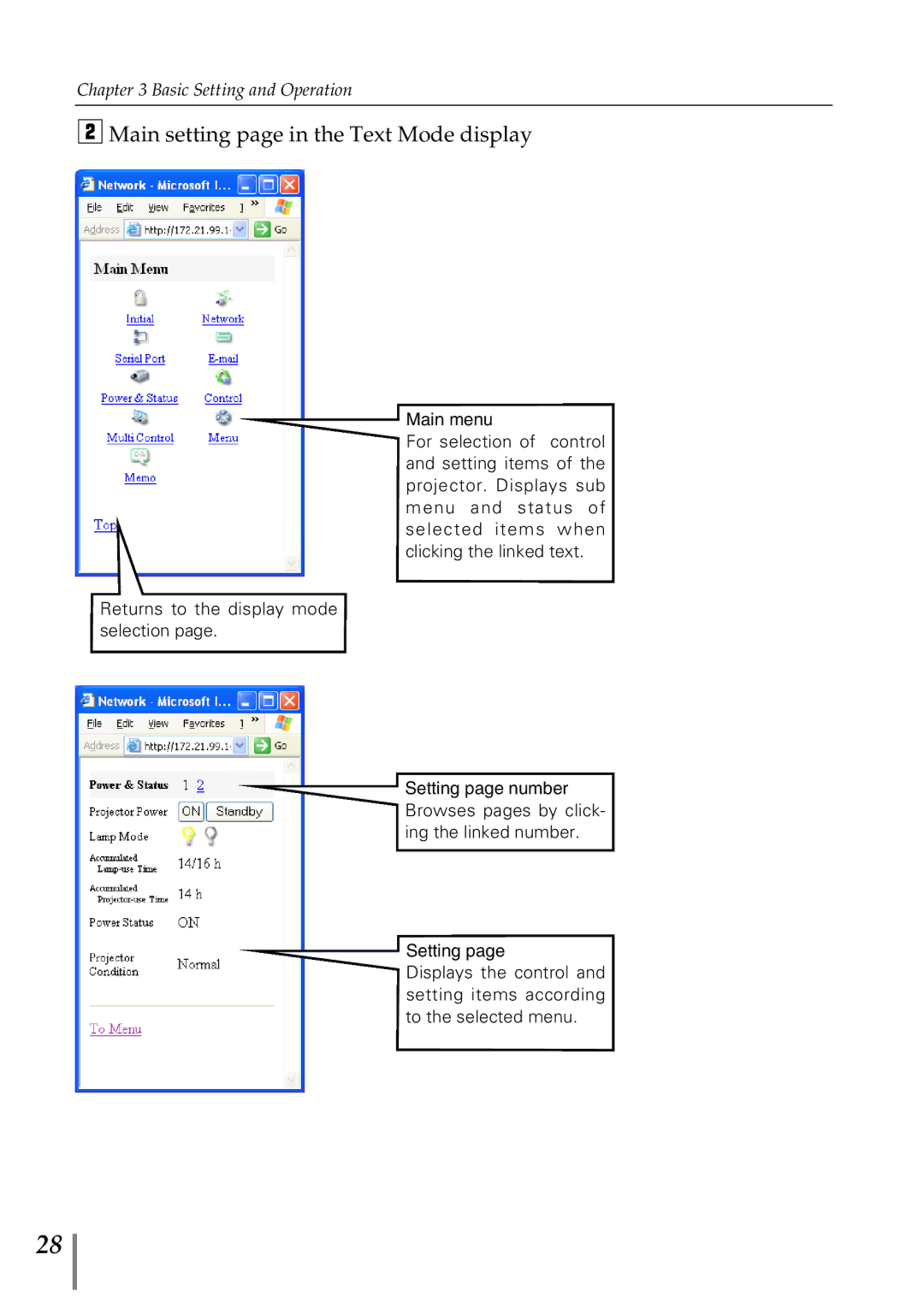 Sanyo POA-MD13NET2 owner manual Main setting page in the Text Mode display 