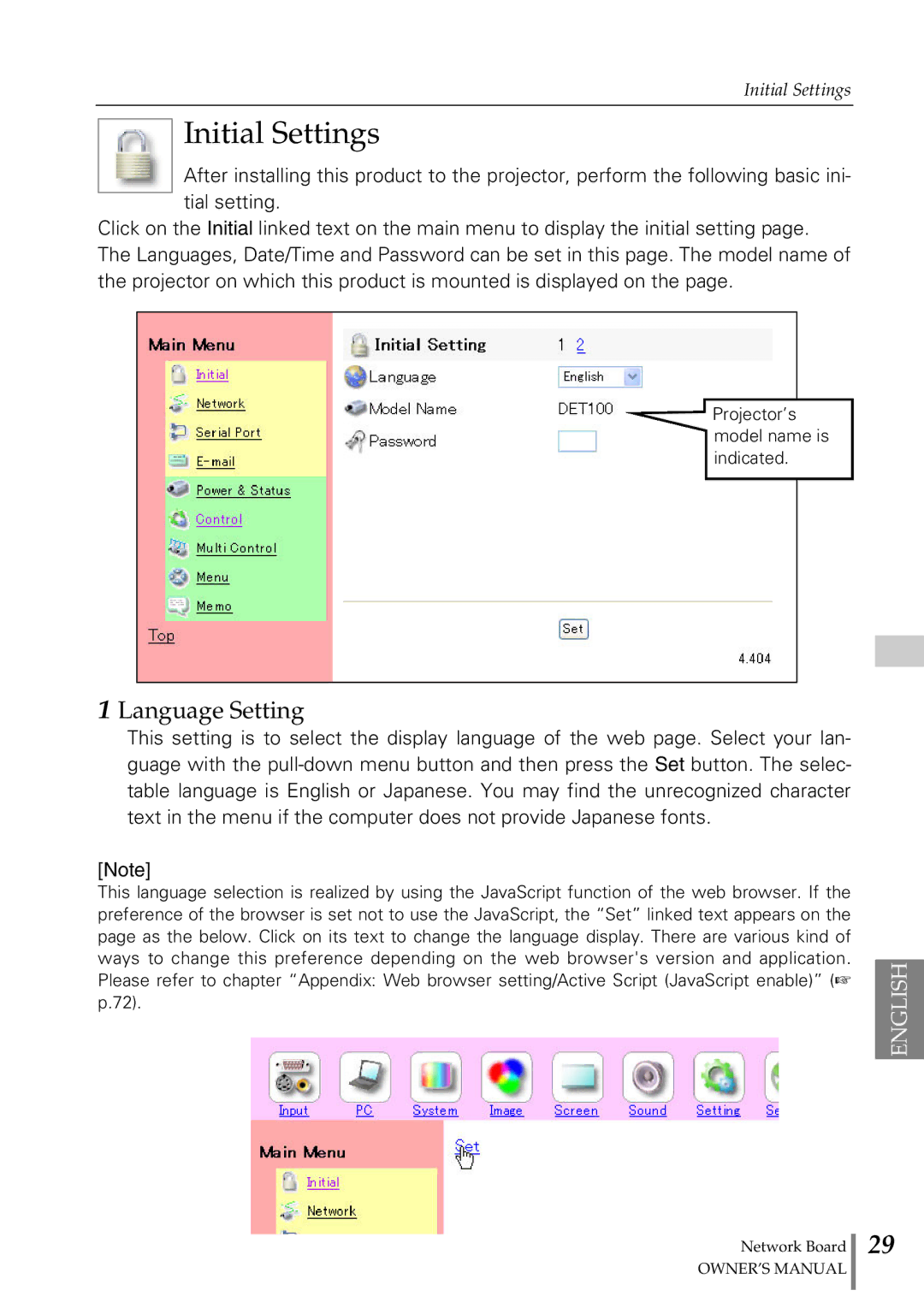 Sanyo POA-MD13NET2 owner manual Initial Settings, Language Setting 