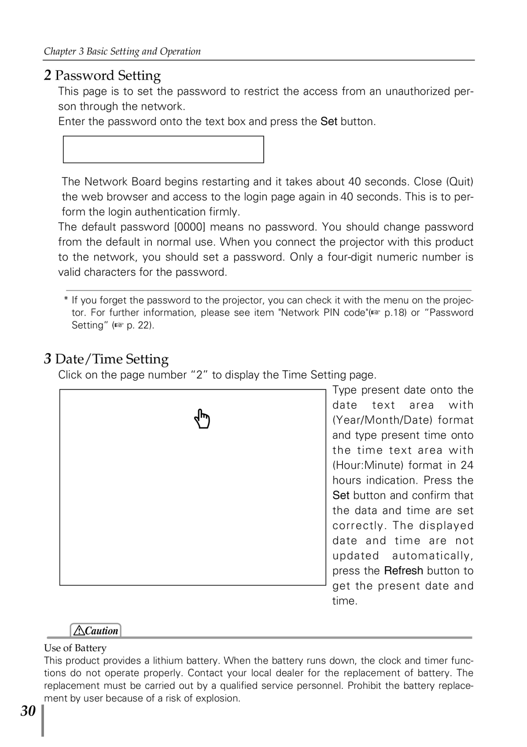 Sanyo POA-MD13NET2 owner manual Password Setting, Date/Time Setting 