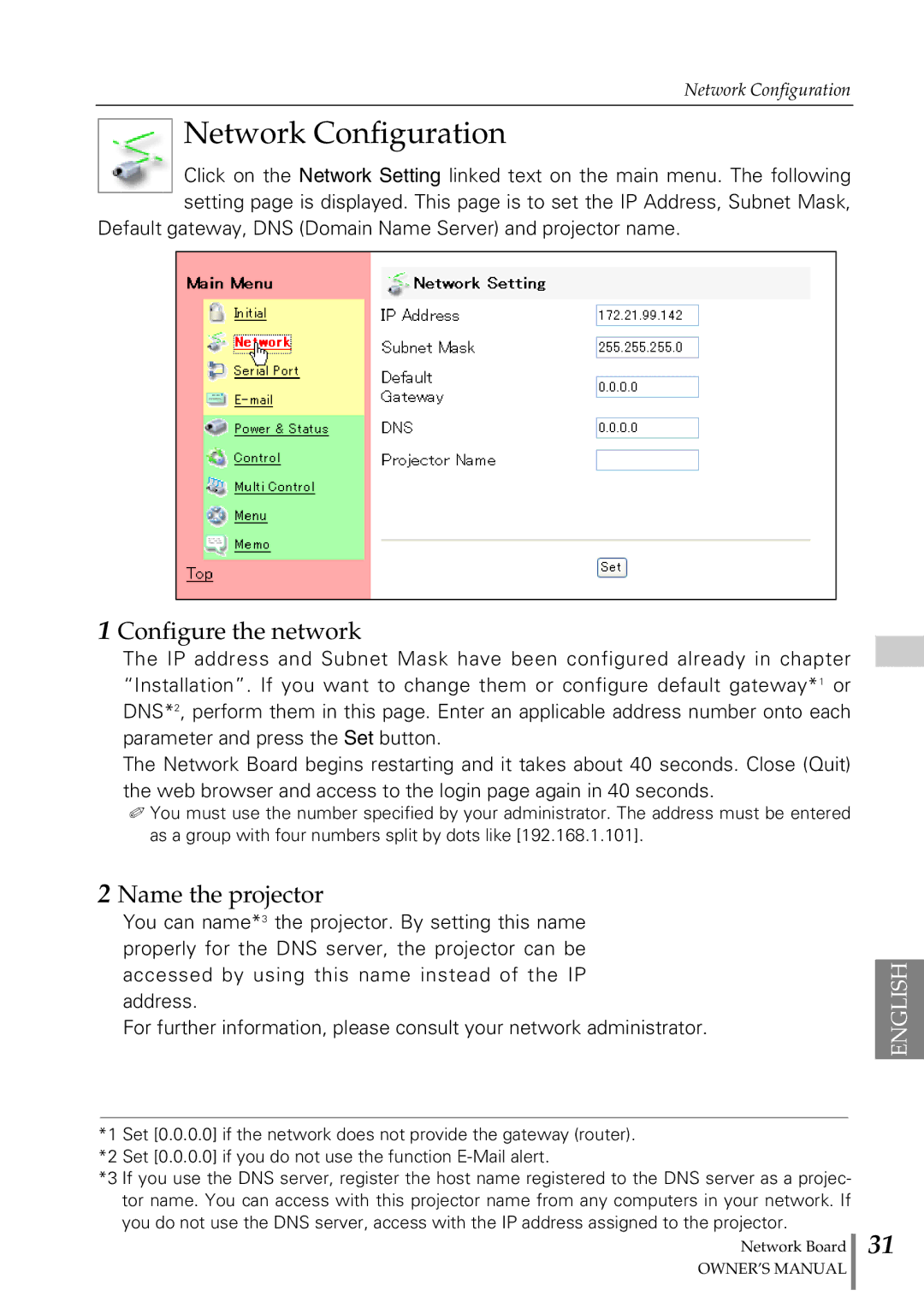 Sanyo POA-MD13NET2 owner manual Network Configuration, Configure the network, Name the projector 