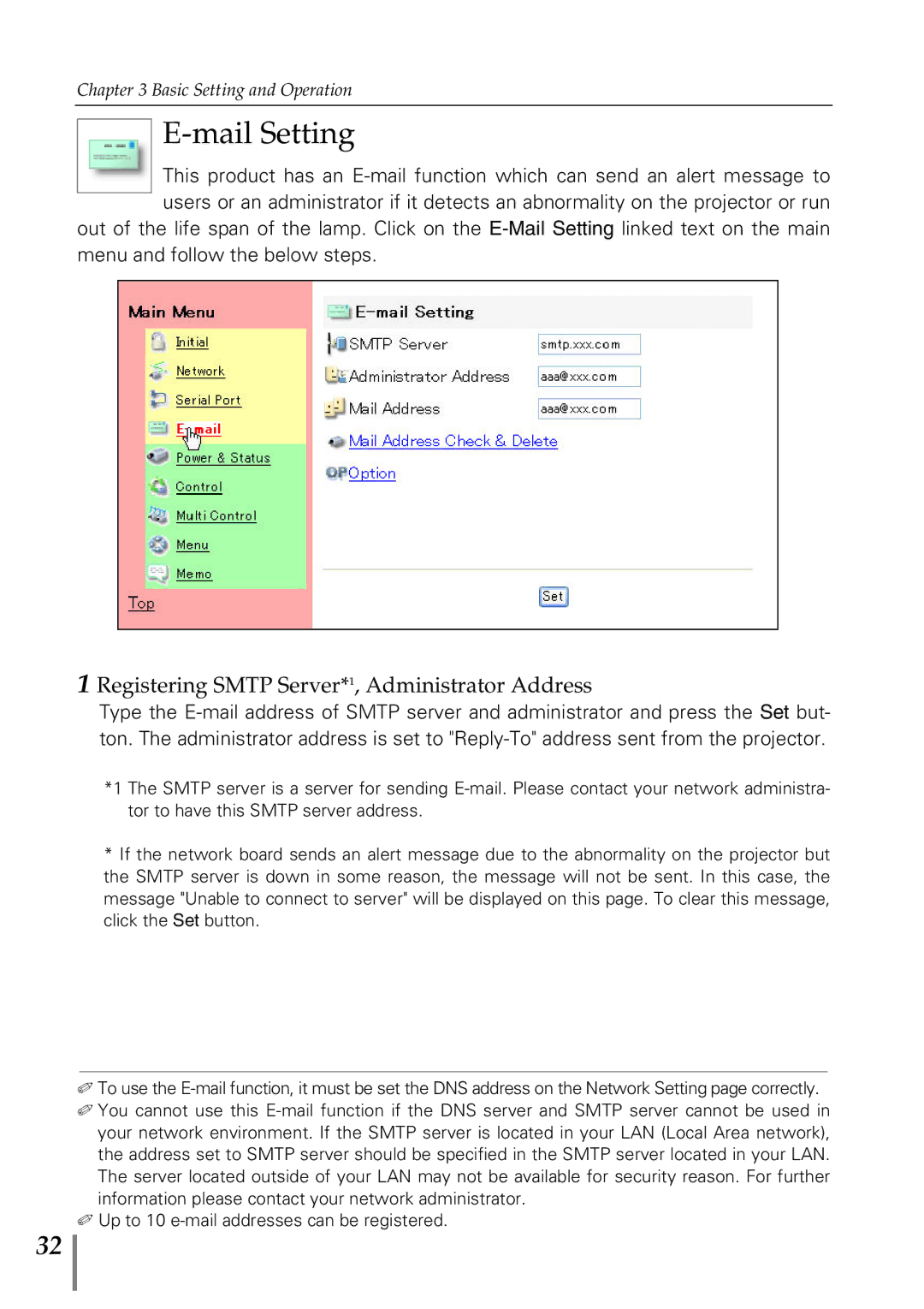 Sanyo POA-MD13NET2 owner manual Mail Setting, Registering Smtp Server*1, Administrator Address 