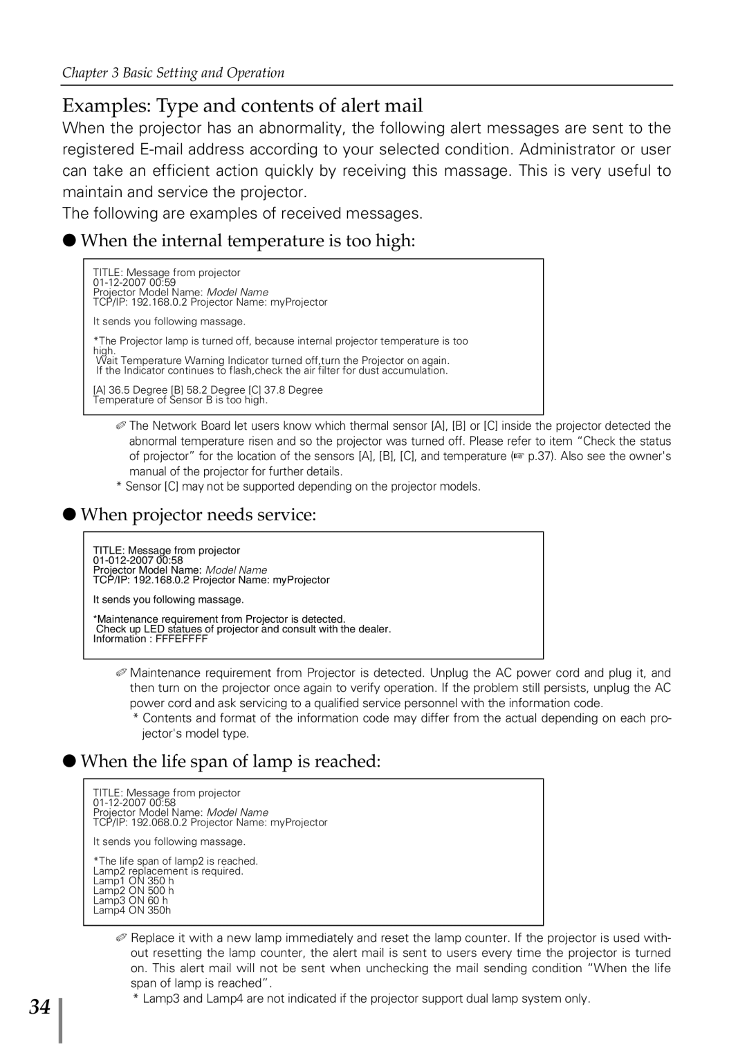 Sanyo POA-MD13NET2 owner manual Examples Type and contents of alert mail 