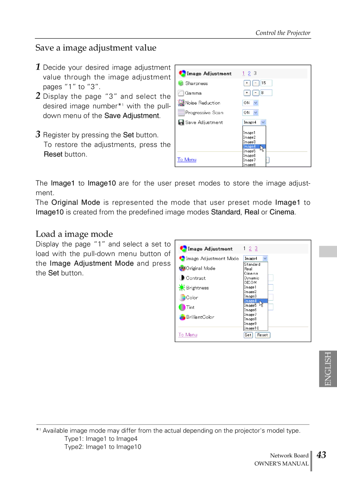 Sanyo POA-MD13NET2 owner manual Save a image adjustment value, Load a image mode 