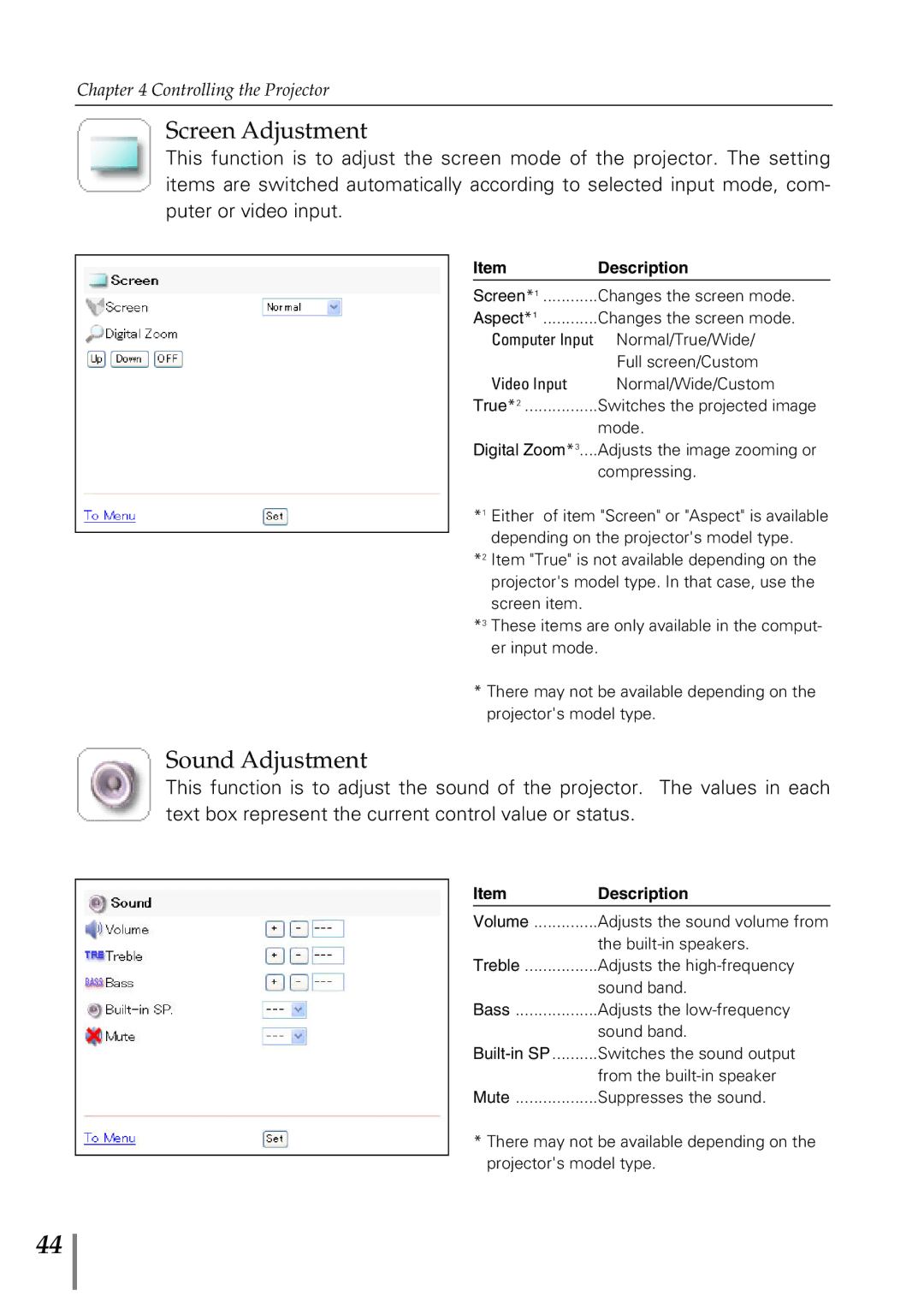 Sanyo POA-MD13NET2 owner manual Screen Adjustment, Sound Adjustment 