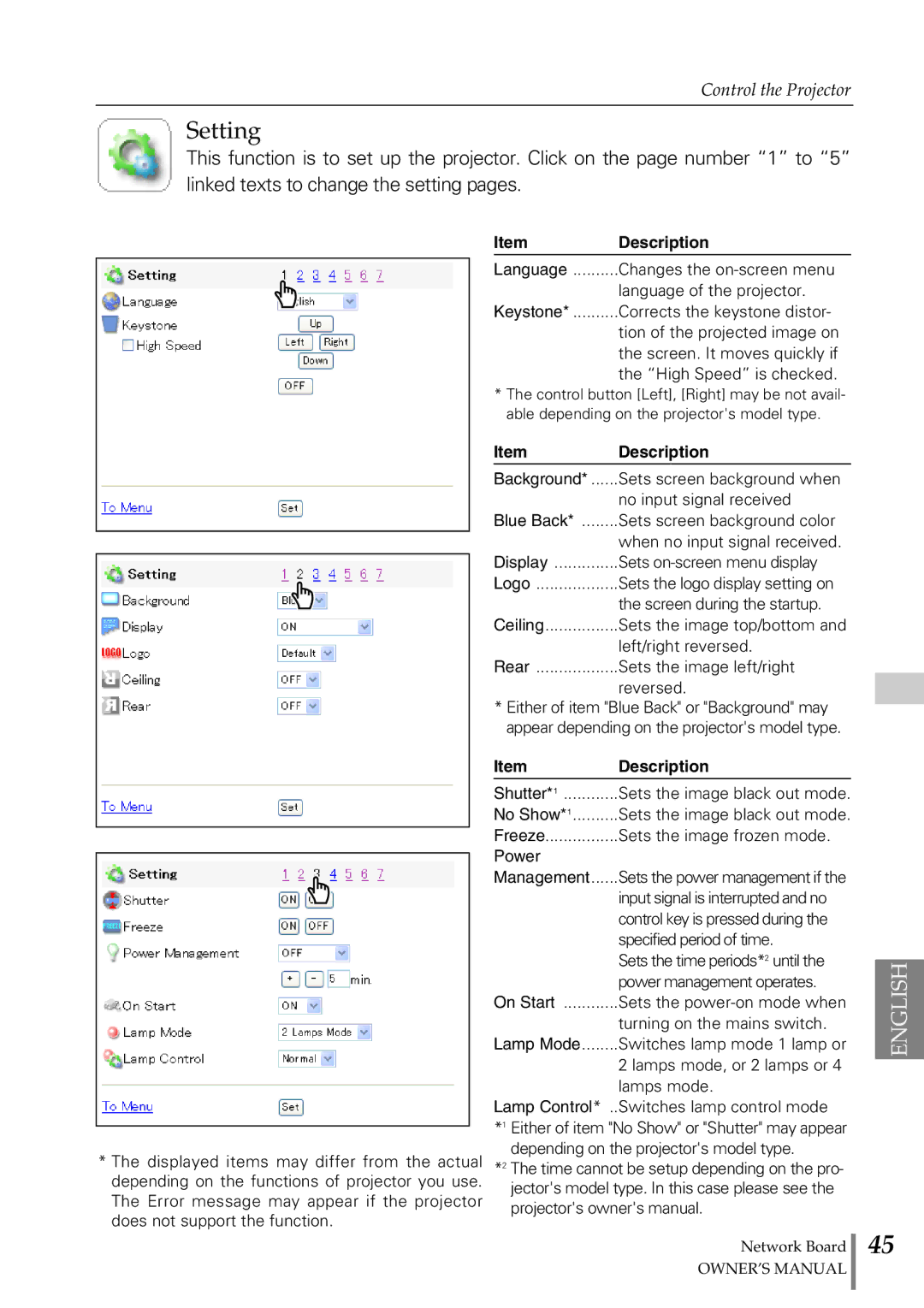 Sanyo POA-MD13NET2 owner manual Setting, Freeze................Sets the image frozen mode Power 