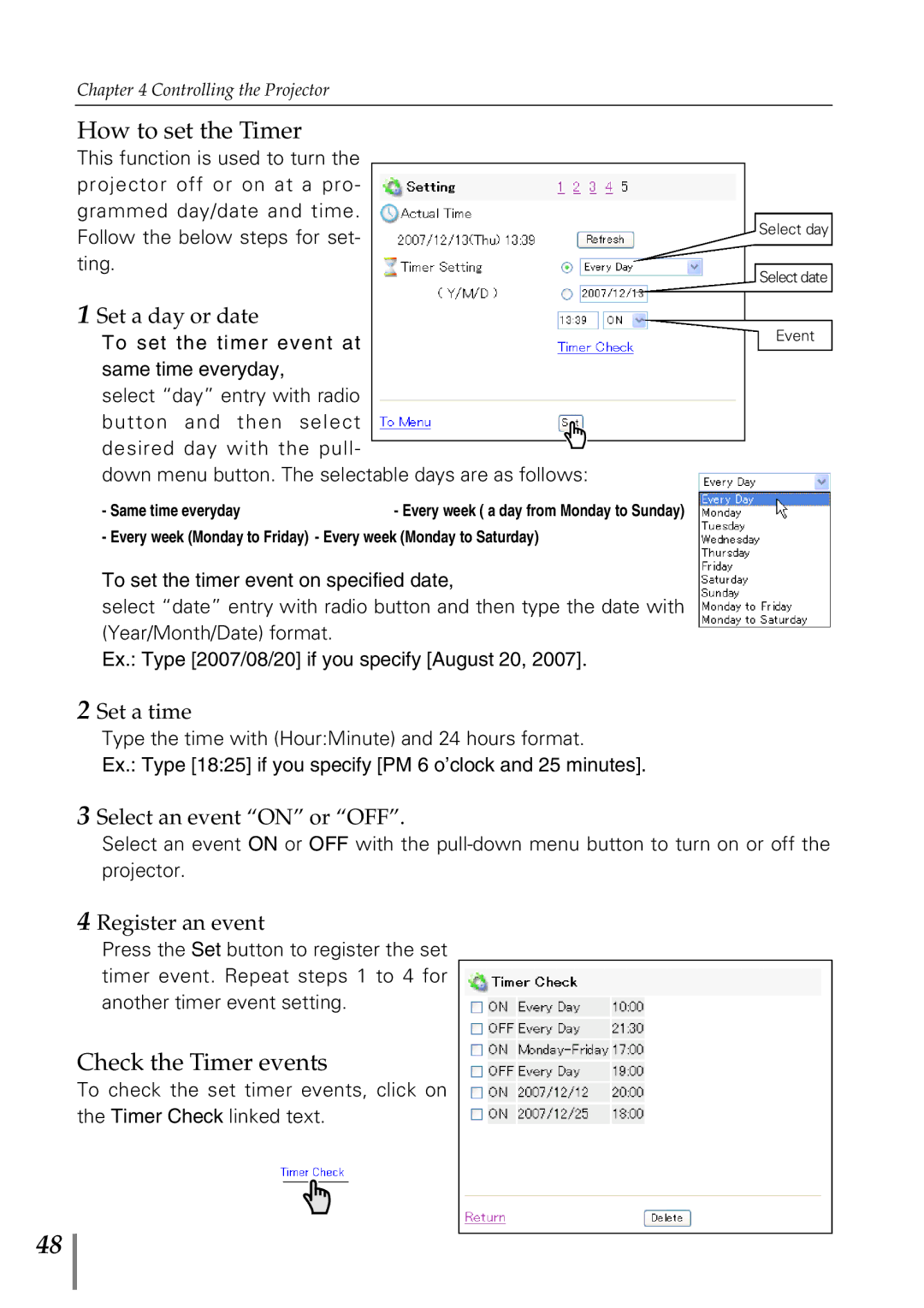 Sanyo POA-MD13NET2 owner manual How to set the Timer, Check the Timer events 