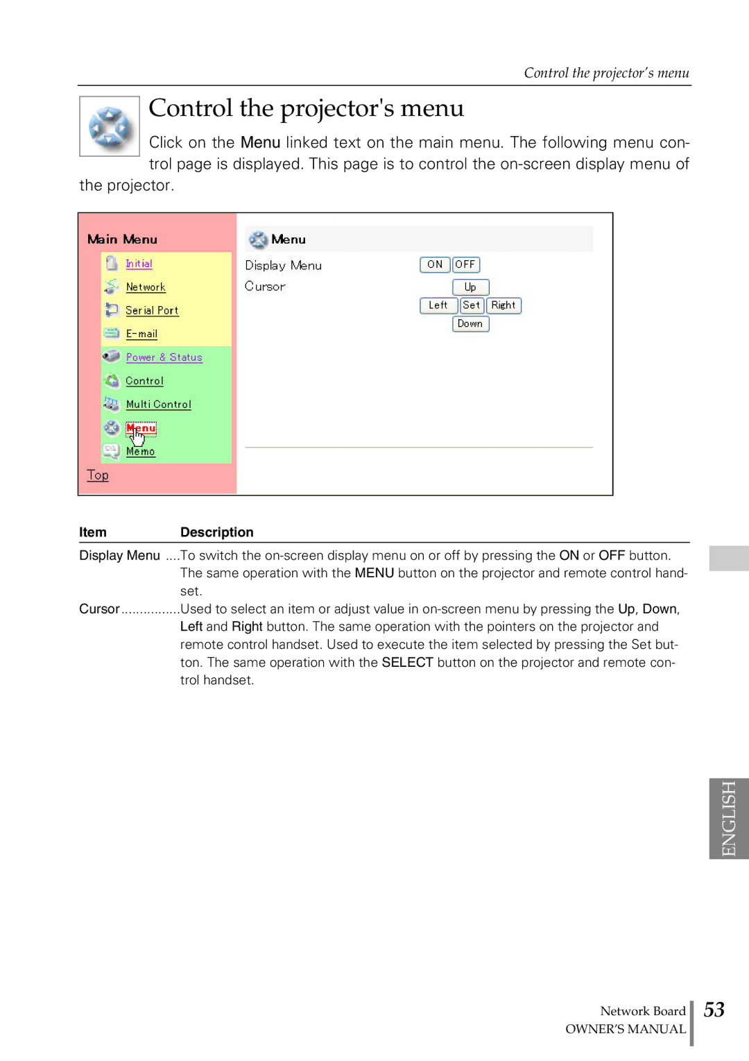 Sanyo POA-MD13NET2 owner manual Control the projectors menu, Projector 