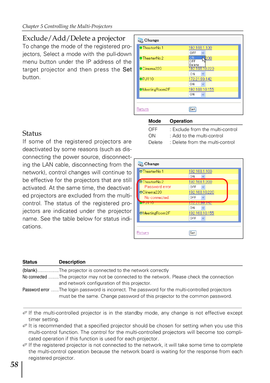 Sanyo POA-MD13NET2 owner manual Exclude/Add/Delete a projector, Status 