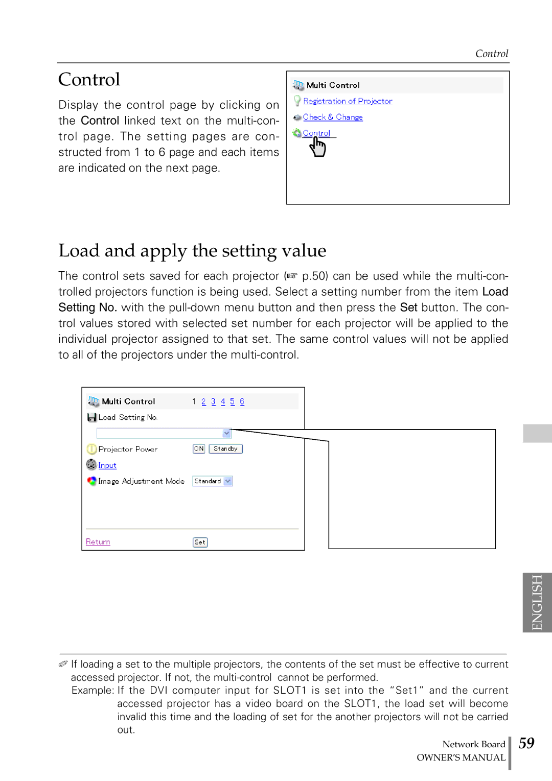 Sanyo POA-MD13NET2 owner manual Control, Load and apply the setting value 