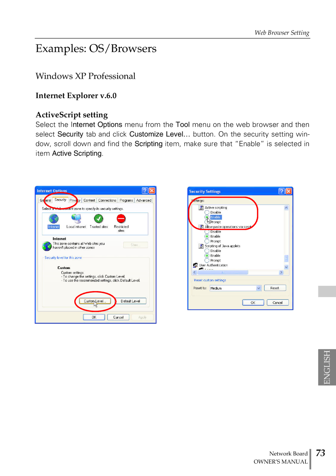 Sanyo POA-MD13NET2 owner manual Examples OS/Browsers, Windows XP Professional, Internet Explorer ActiveScript setting 