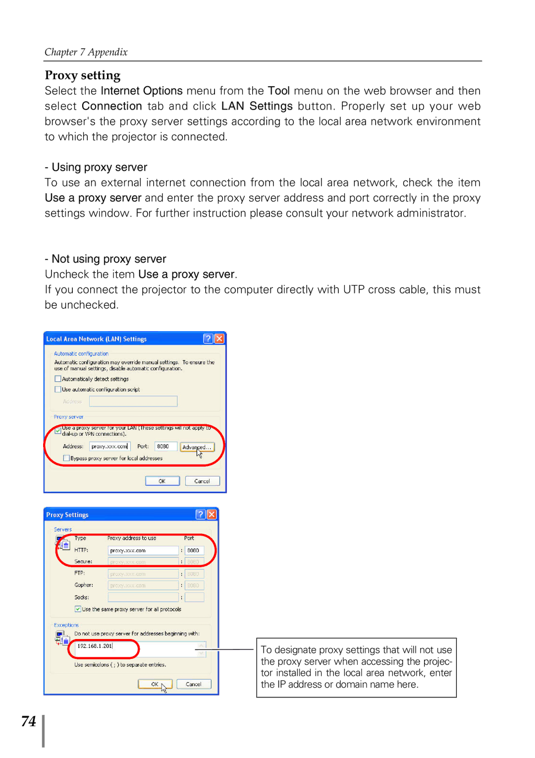 Sanyo POA-MD13NET2 owner manual Proxy setting 