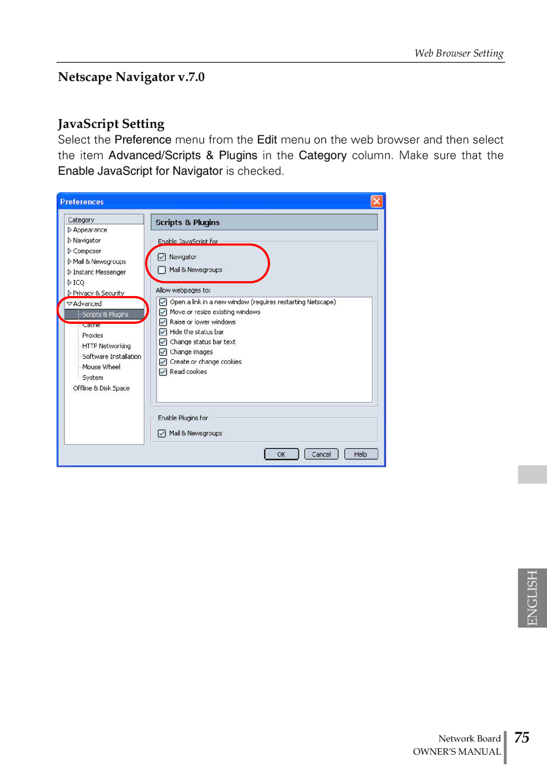 Sanyo POA-MD13NET2 owner manual Netscape Navigator JavaScript Setting 