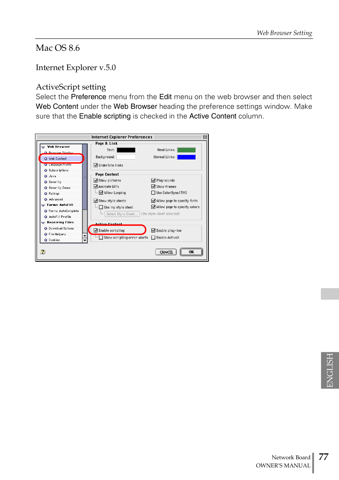 Sanyo POA-MD13NET2 owner manual Mac OS, Internet Explorer ActiveScript setting 