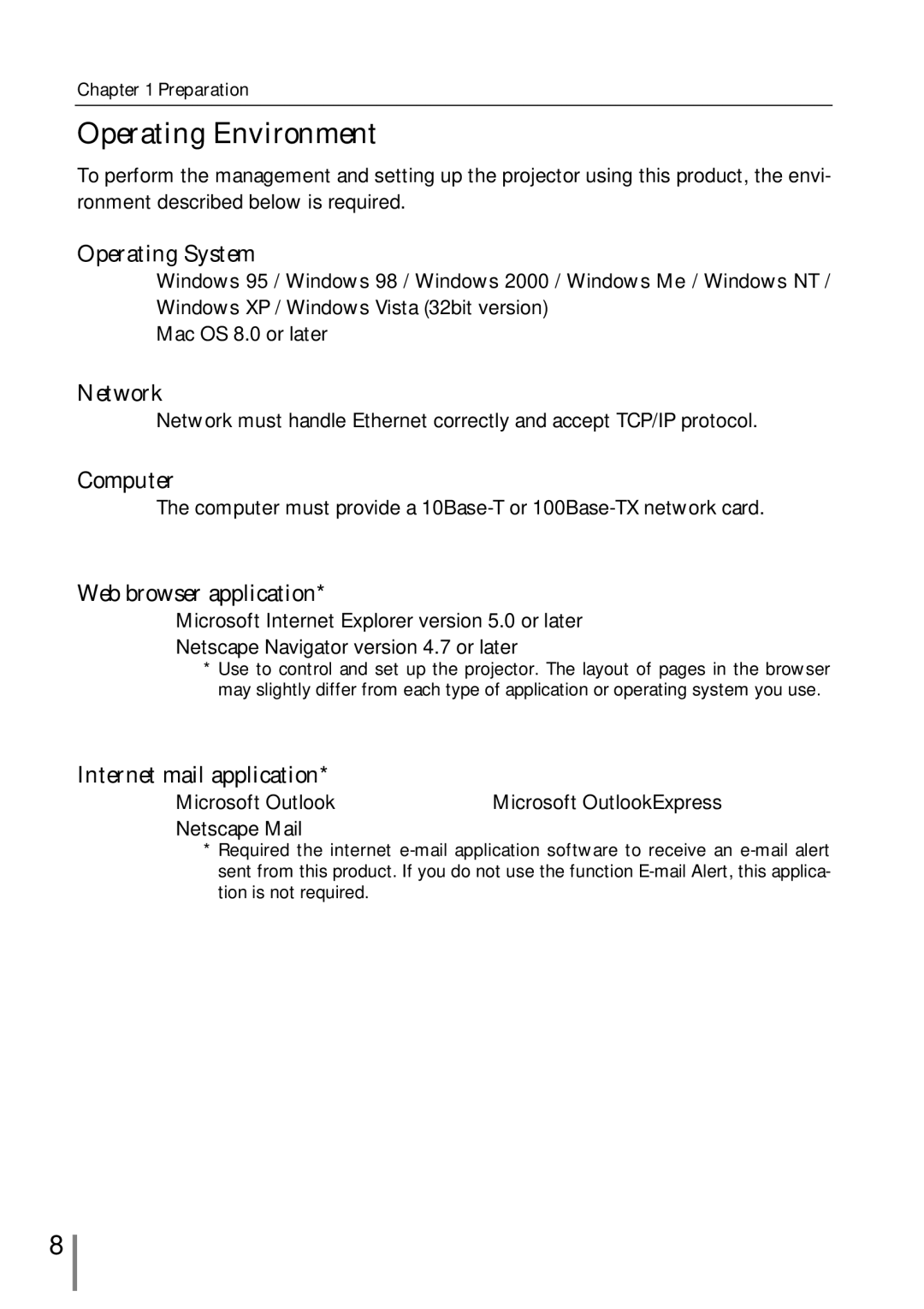 Sanyo POA-MD13NET2 owner manual Operating Environment 