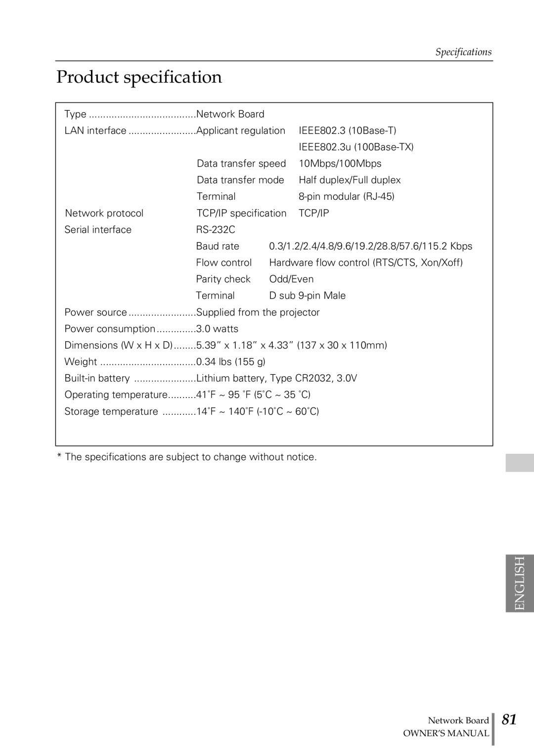 Sanyo POA-MD13NET2 owner manual Product specification, Tcp/Ip 