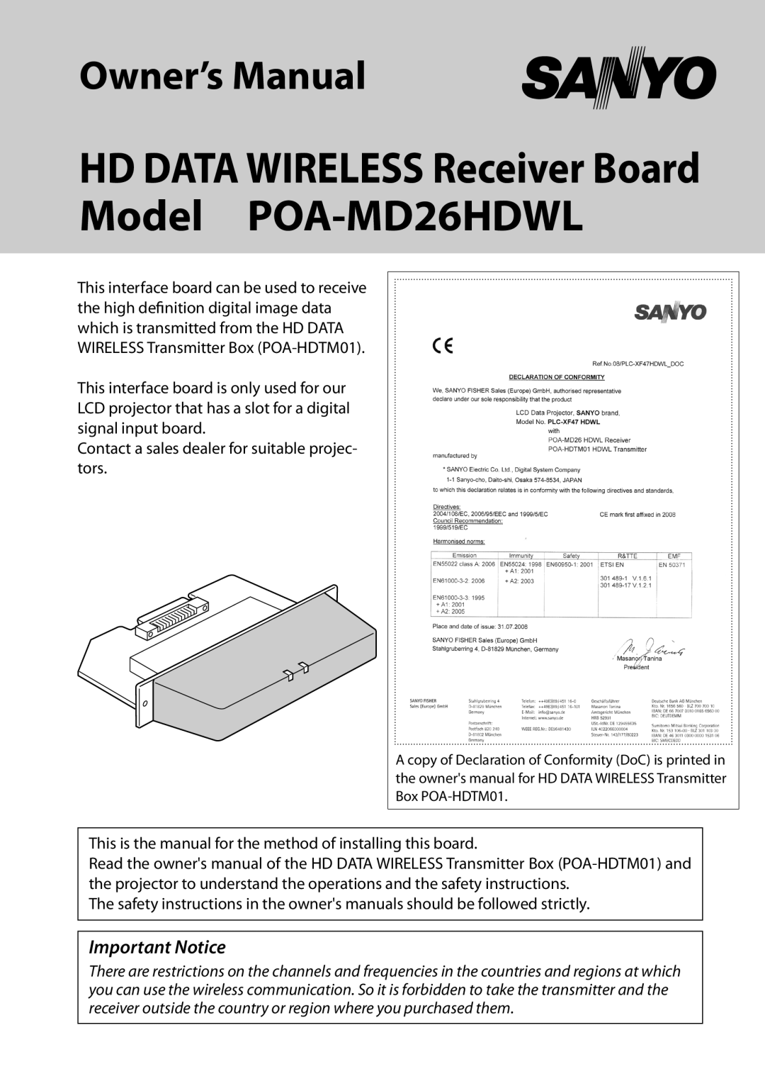 Sanyo POA-MD26HDWL owner manual Important Notice, Contact a sales dealer for suitable projec- tors, Owner’s Manual 