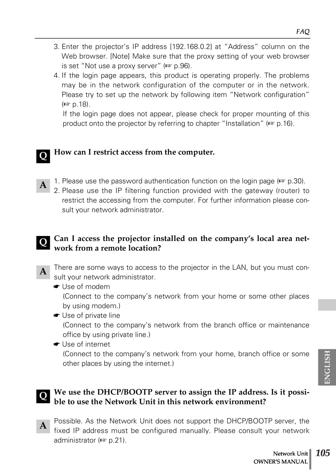 Sanyo POA-PN02 owner manual Q How can I restrict access from the computer 