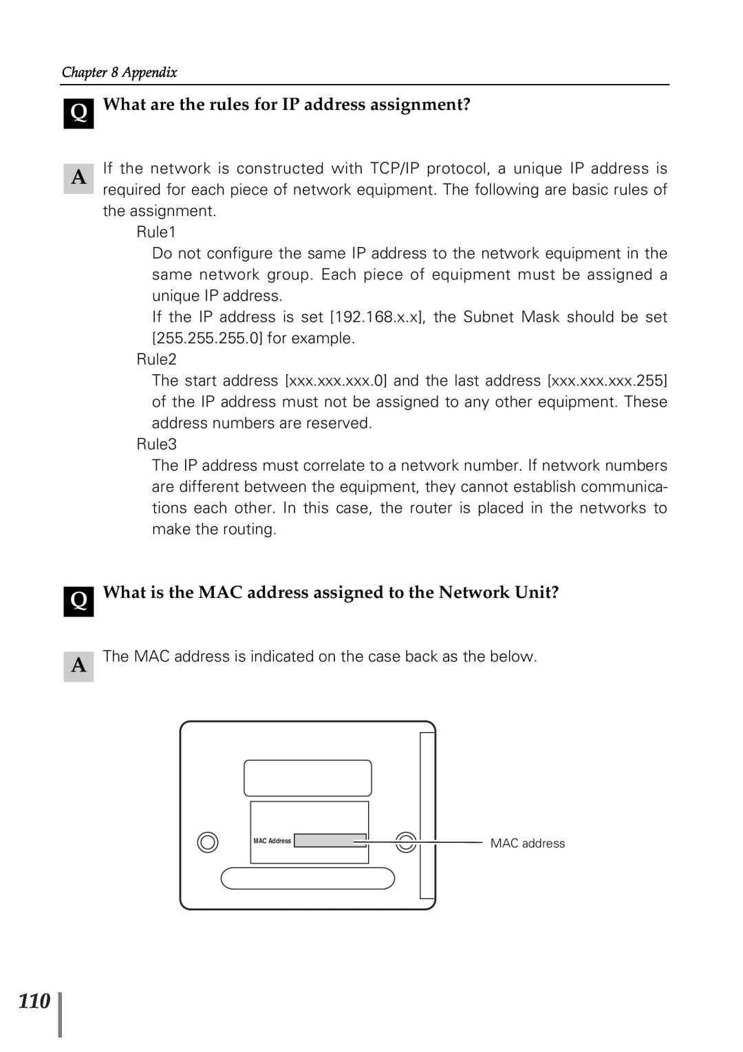 Sanyo POA-PN02 Q What are the rules for IP address assignment?, Q What is the MAC address assigned to the Network Unit? 