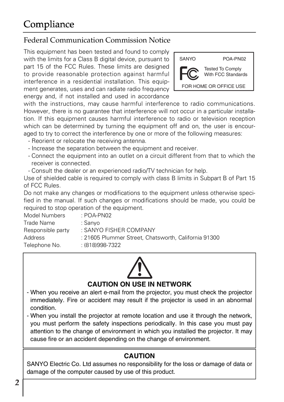 Sanyo POA-PN02 owner manual Compliance, Federal Communication Commission Notice, Caution On Use In Network 