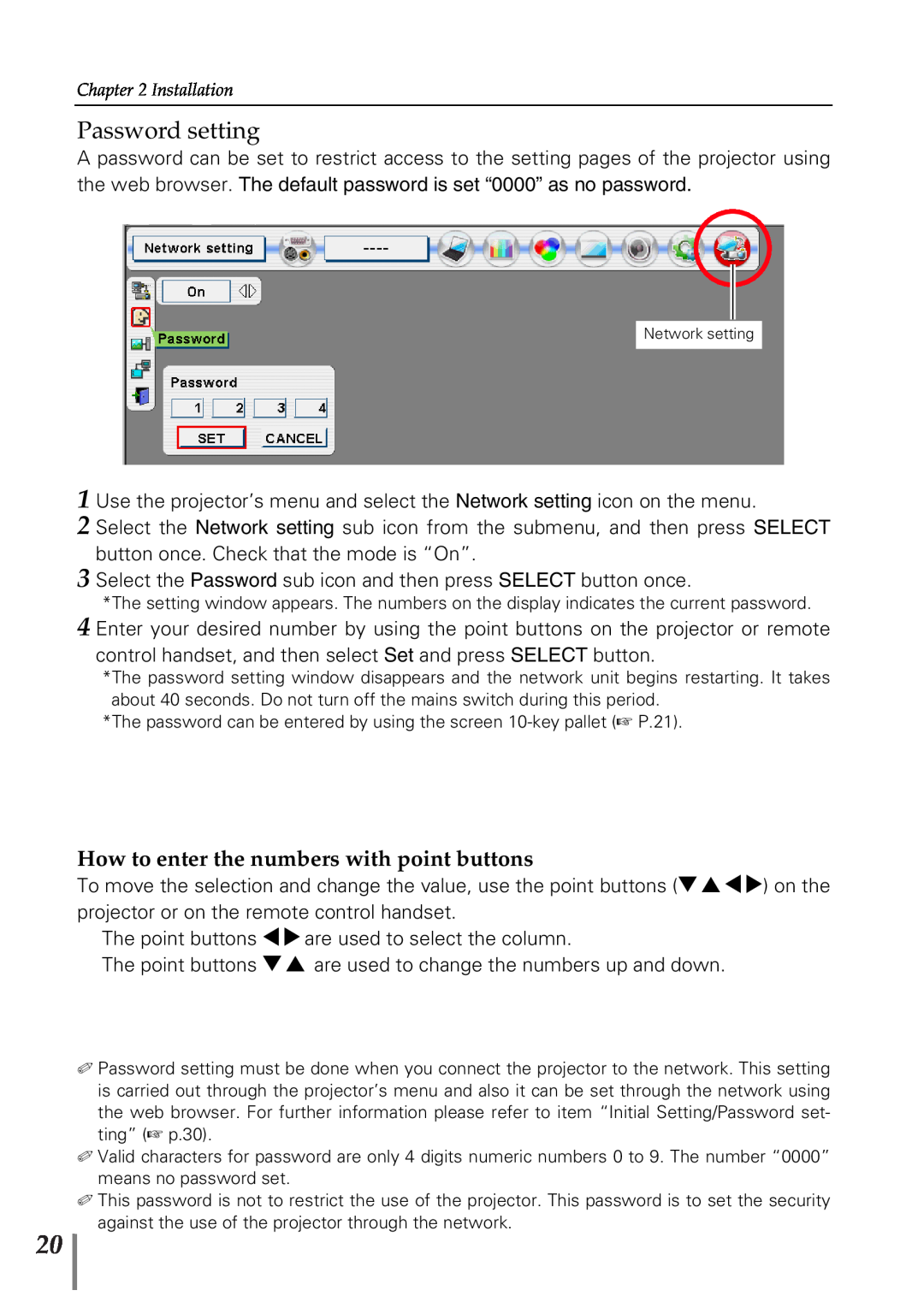 Sanyo POA-PN02 owner manual Password setting, How to enter the numbers with point buttons 
