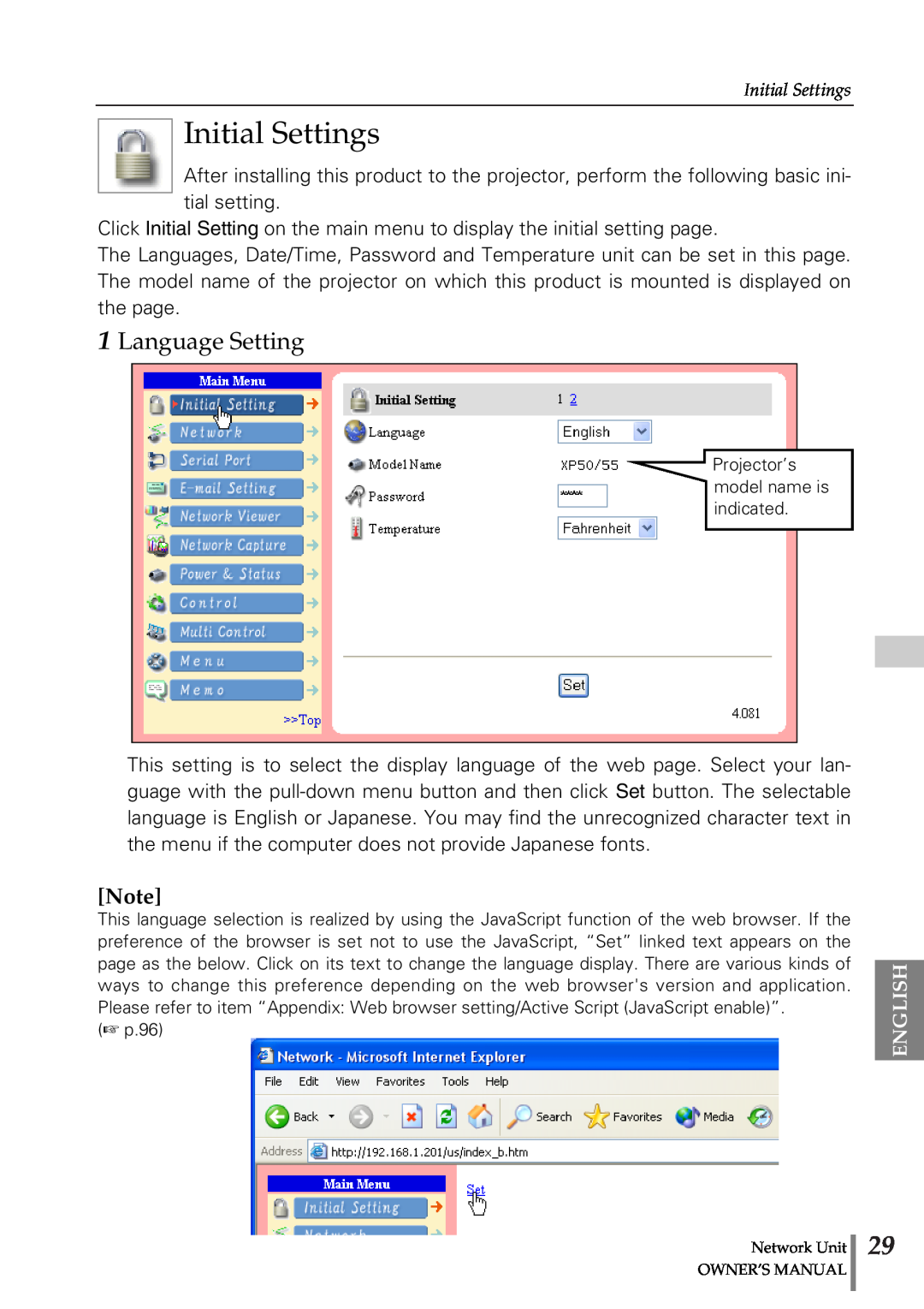 Sanyo POA-PN02 owner manual Initial Settings, Language Setting, English 