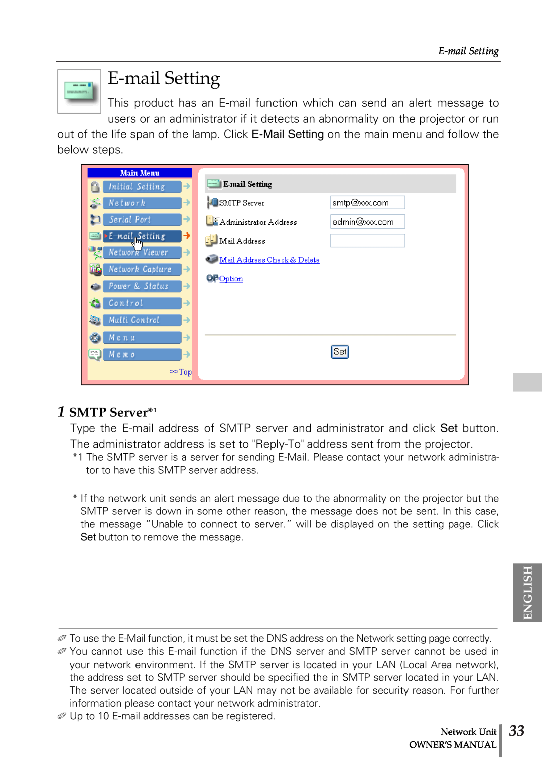 Sanyo POA-PN02 owner manual E-mail Setting, SMTP Server*1, English 