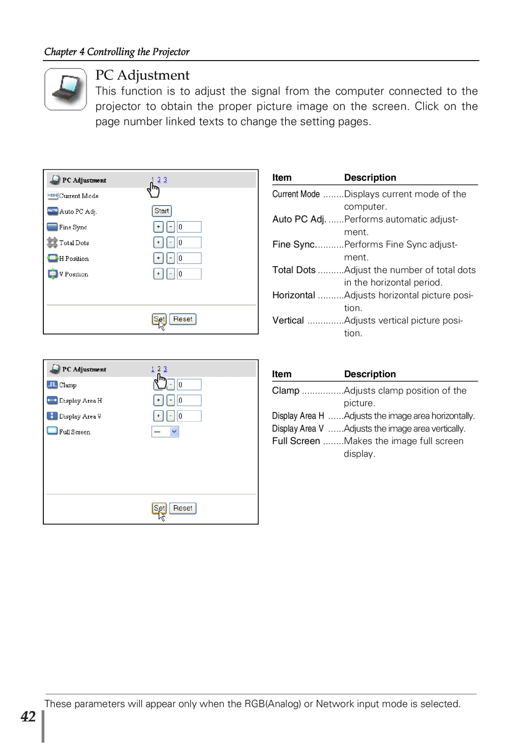 Sanyo POA-PN02 owner manual PC Adjustment, Controlling the Projector, Description, Auto PC Adj, Horizontal, Full Screen 