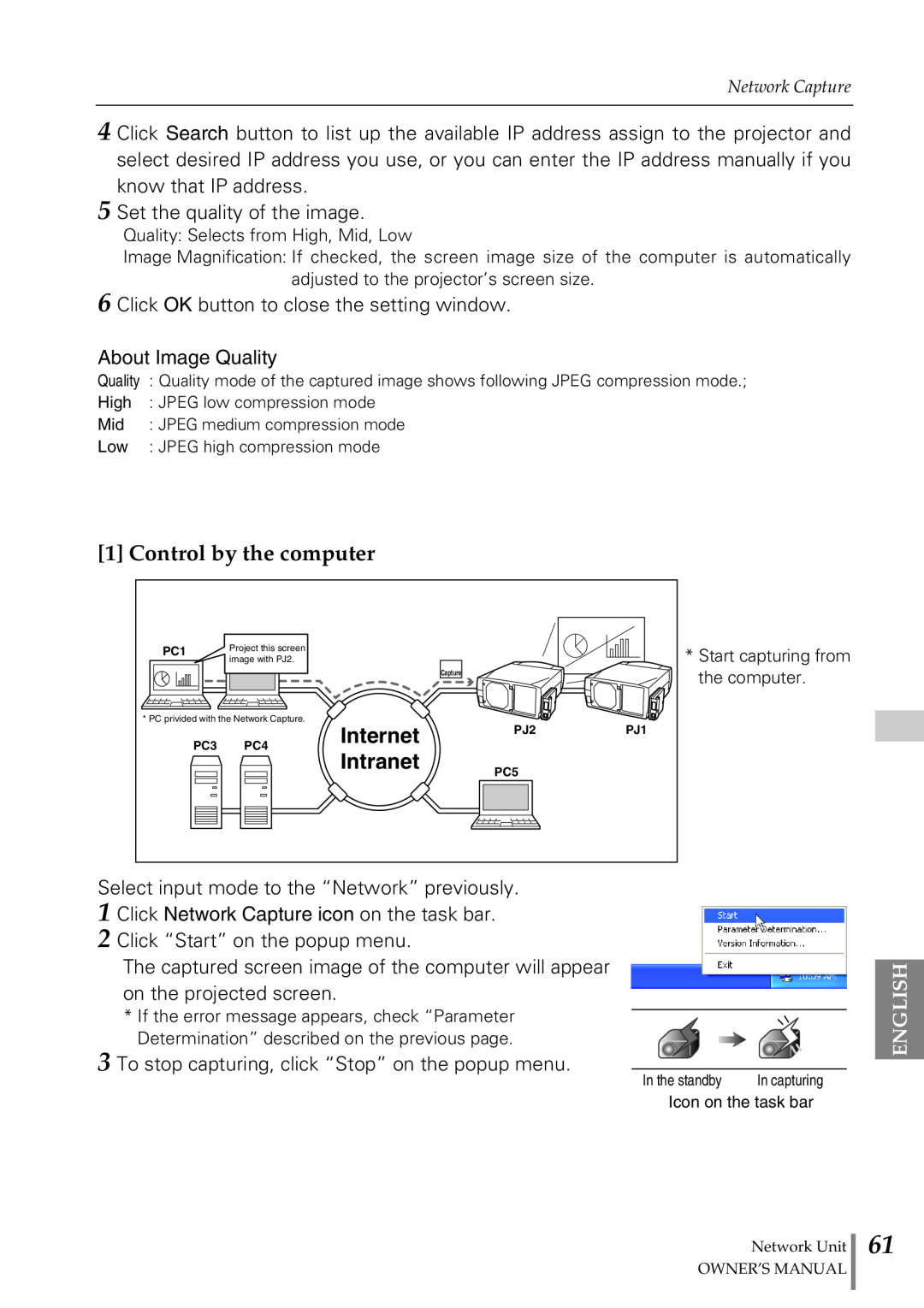 Sanyo POA-PN02 owner manual Control by the computer, Internet PJ2 Intranet, English 