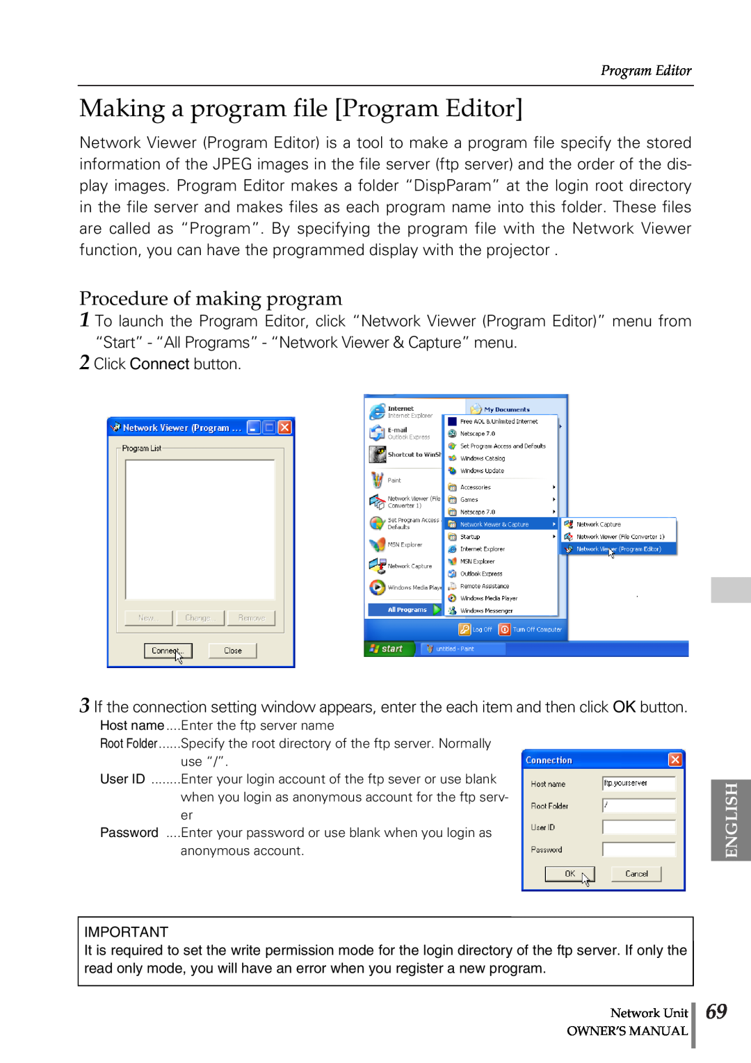 Sanyo POA-PN02 owner manual Making a program file Program Editor, Procedure of making program, English 