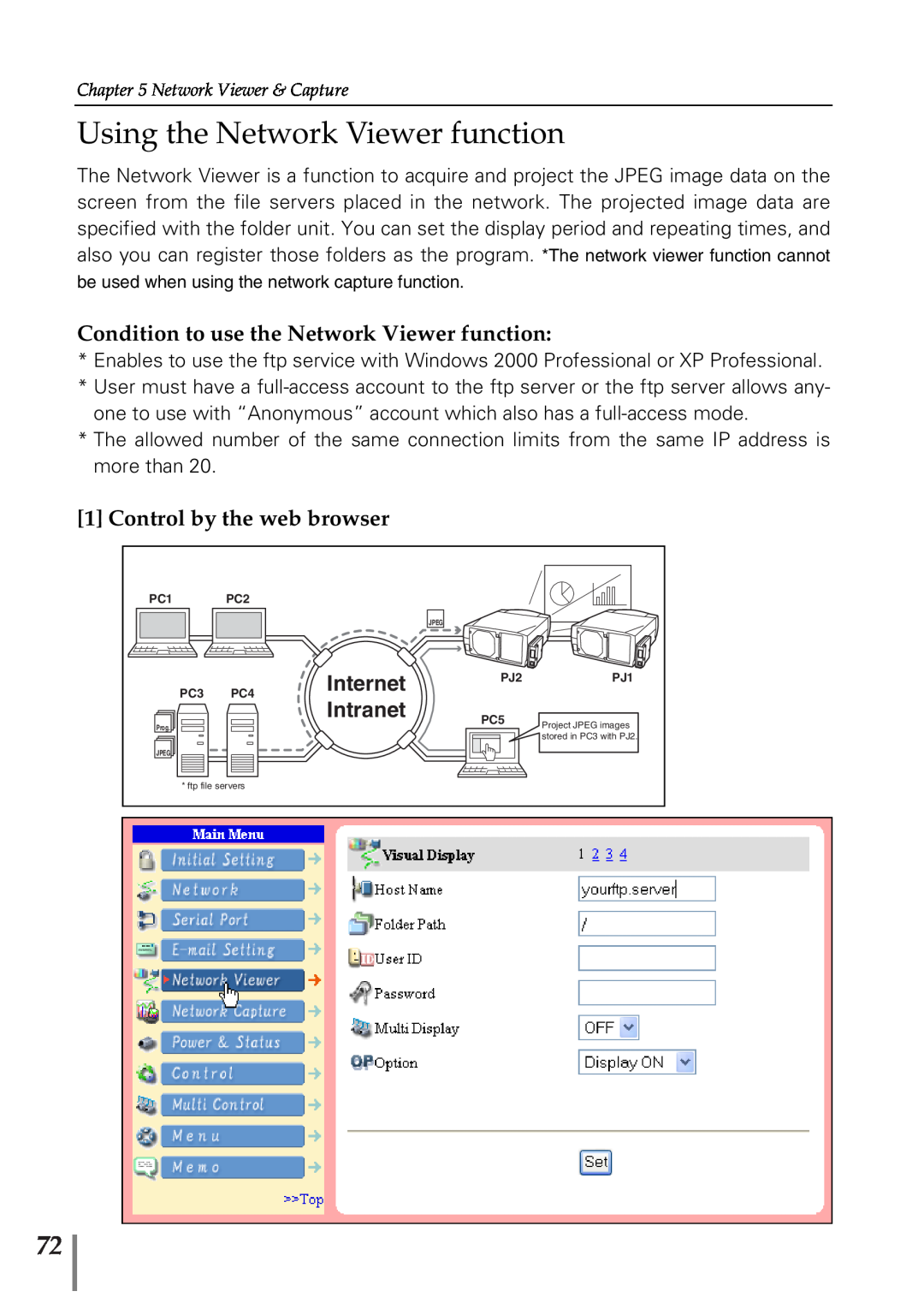 Sanyo POA-PN02 Using the Network Viewer function, Condition to use the Network Viewer function, Control by the web browser 