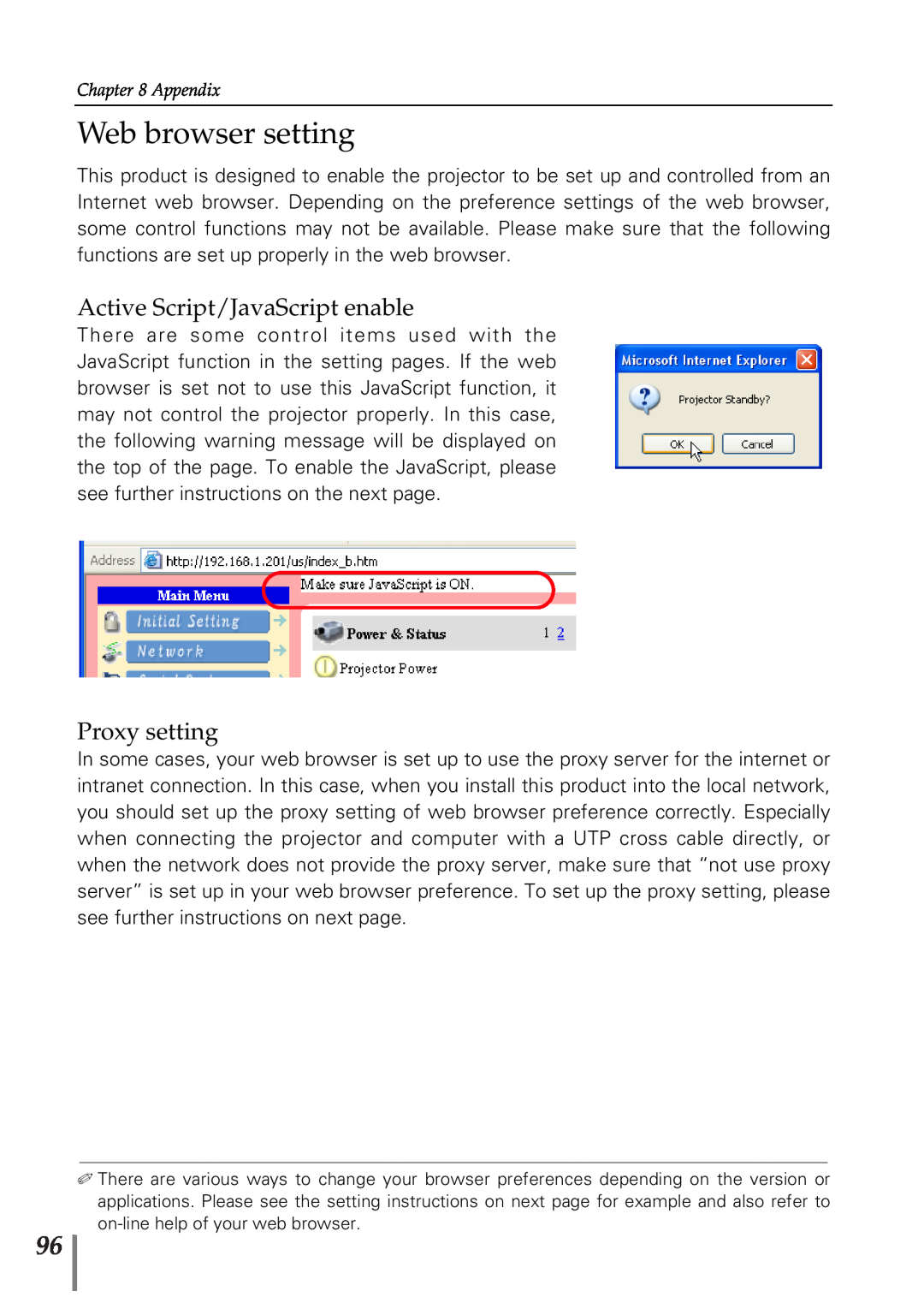 Sanyo POA-PN02 owner manual Web browser setting, Active Script/JavaScript enable, Proxy setting 
