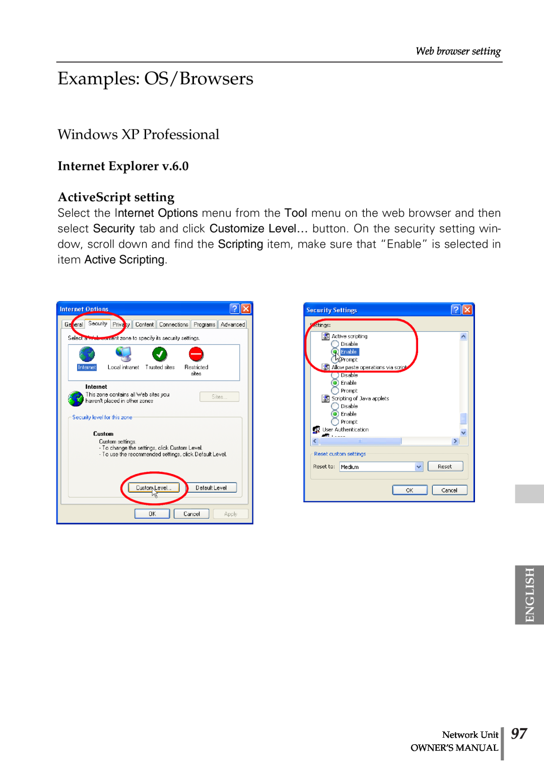 Sanyo POA-PN02 owner manual Examples OS/Browsers, Windows XP Professional, Internet Explorer ActiveScript setting, English 