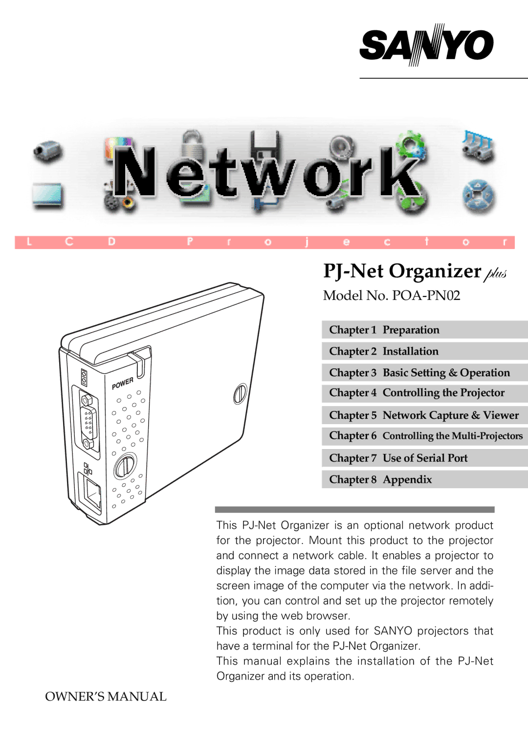 Sanyo owner manual PJ-Net Organizer plus, Model No. POA-PN02 