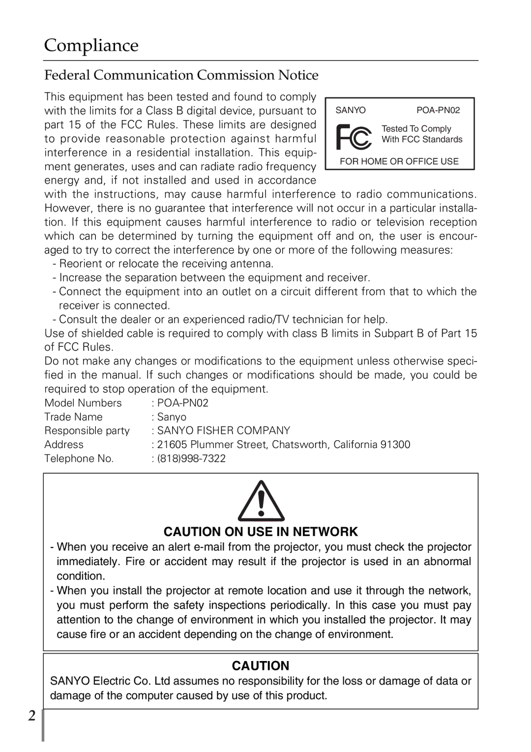 Sanyo POA-PN02 owner manual Compliance, Federal Communication Commission Notice 