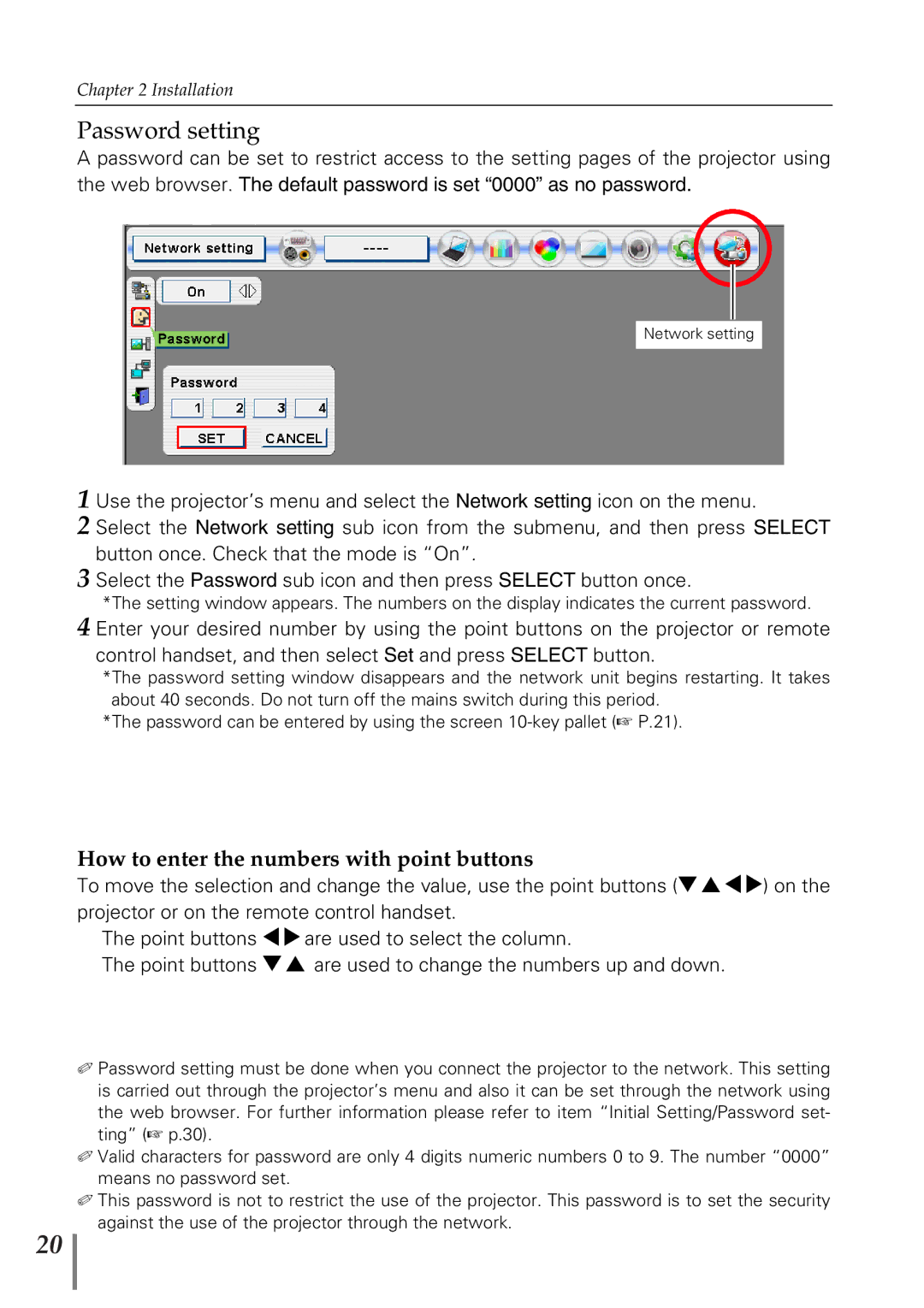 Sanyo POA-PN02 owner manual Password setting, How to enter the numbers with point buttons 